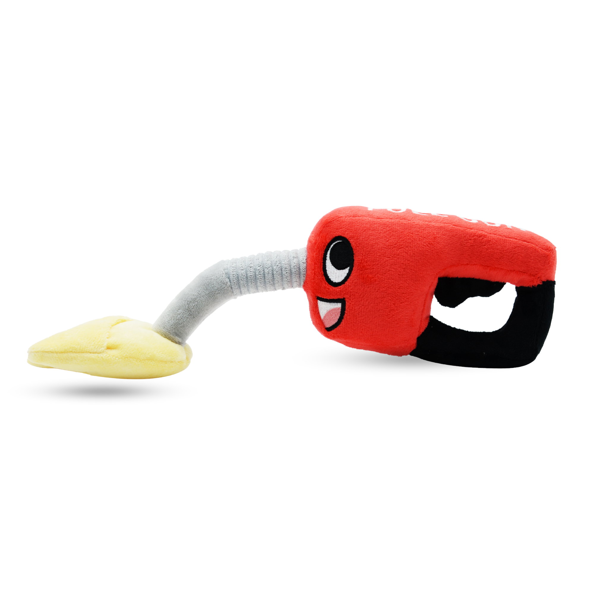 Plush red fuel pump dog toy with a smiley face and a yellow flame-shaped squeaker tip