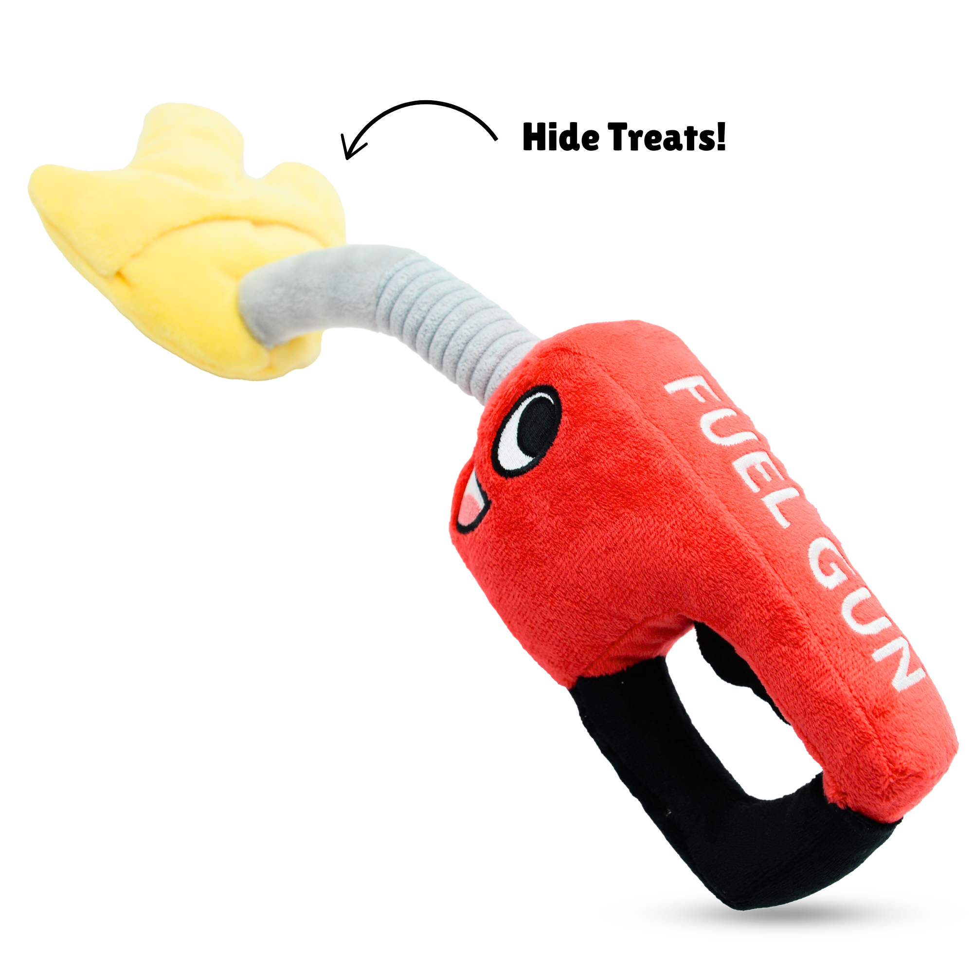 Plush red fuel pump dog toy with a smiley face and a yellow flame-shaped squeaker tip