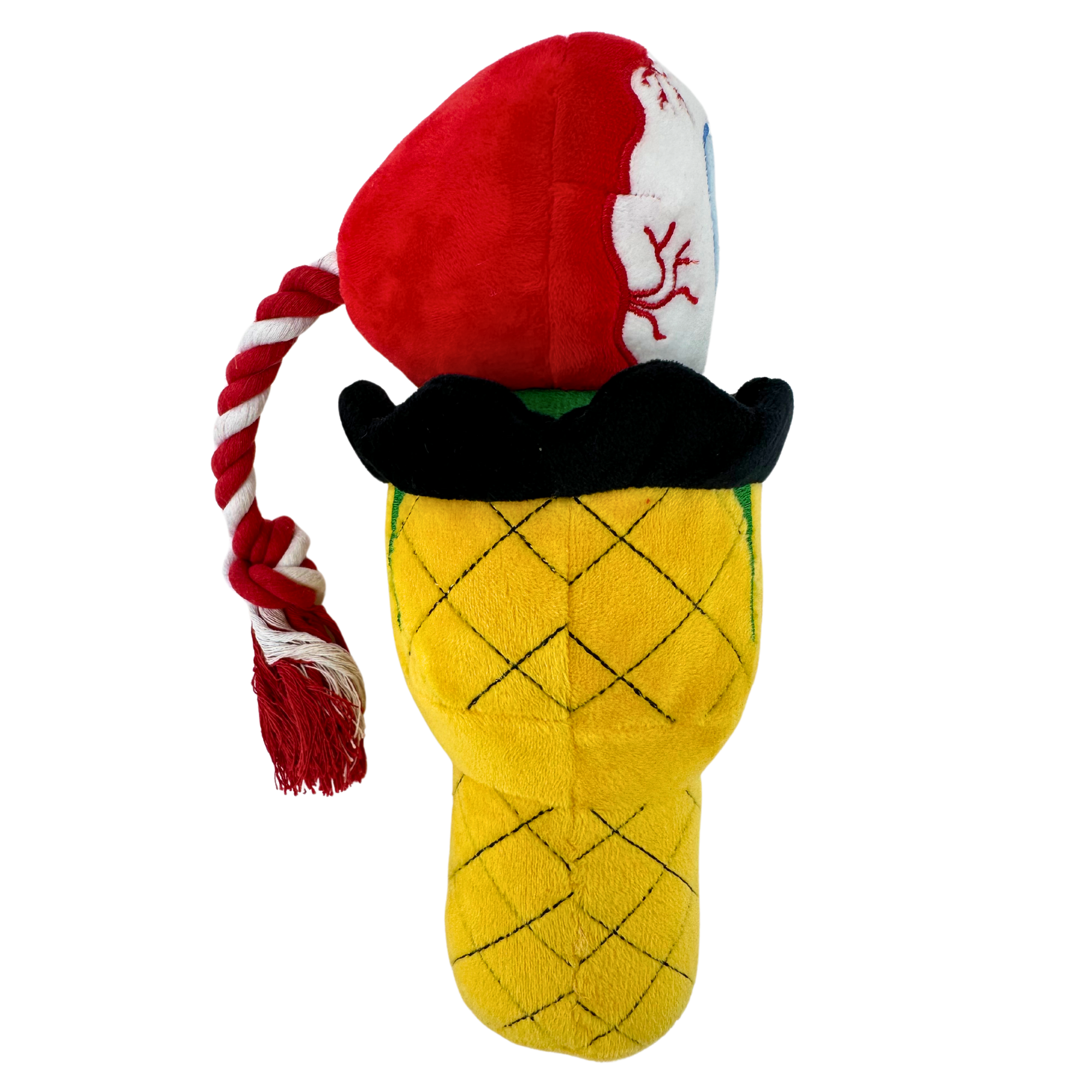 Plush dog toy styled as an ice cream sundae, with a rope attached to the red scoop top and a pineapple-textured cone