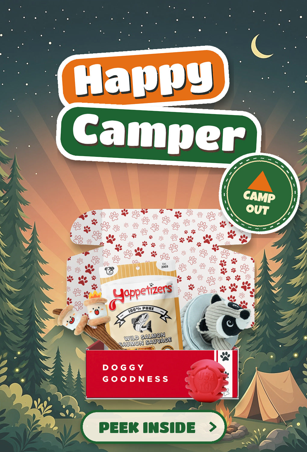 WoofCrate Happy Camper camping themed dog box - Peek Inside