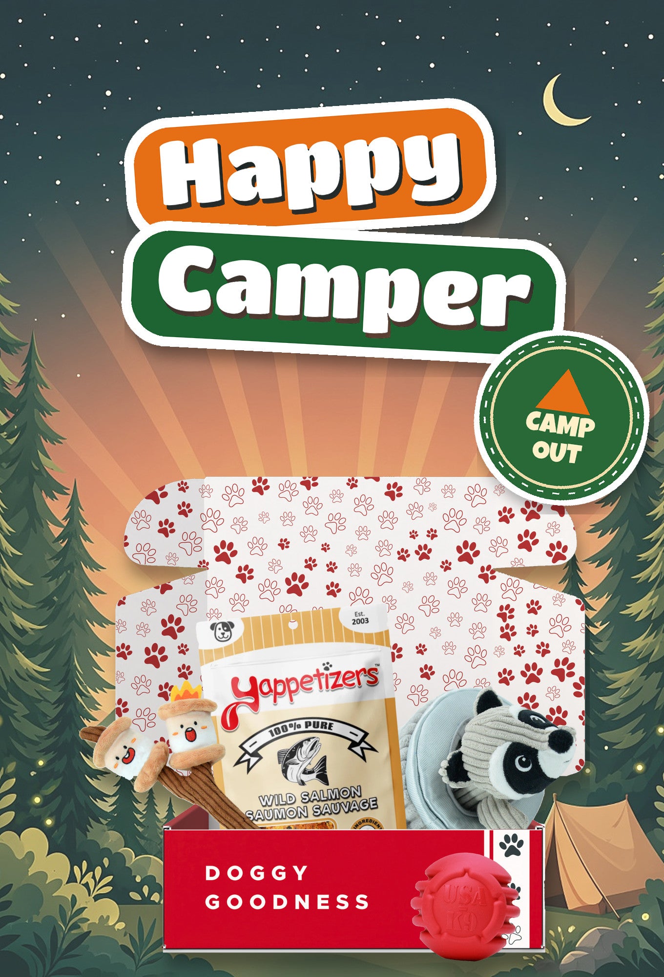 Happy Camper camping themed WoofCrate dog box with toys and treats
