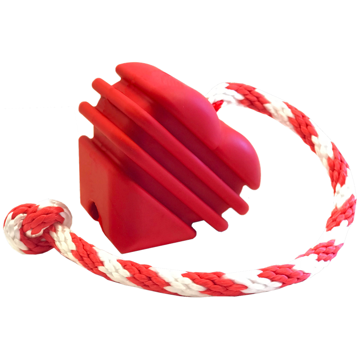 Red rubber heart on a red-and-white rope, SodaPup Heart on a String tug toy