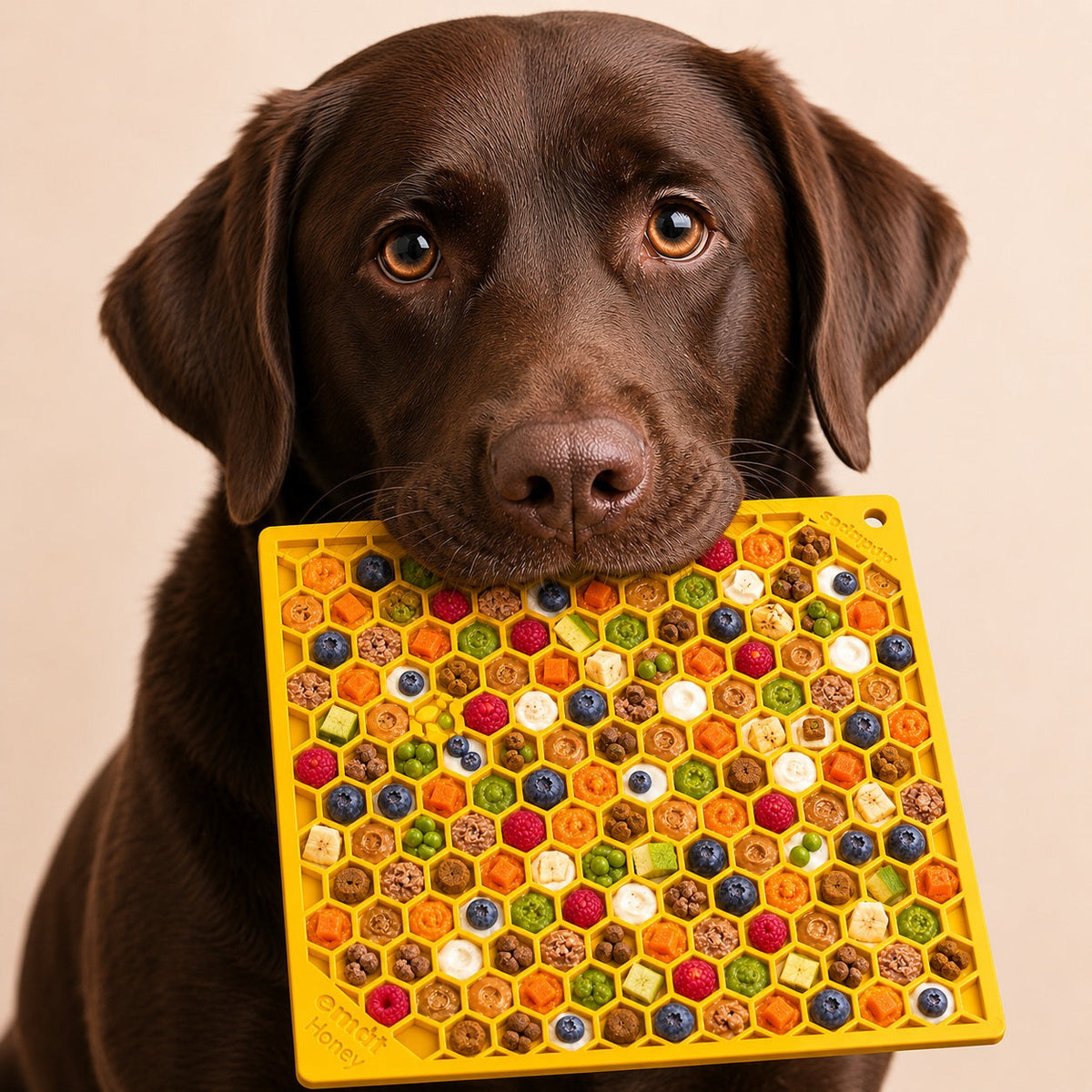 Chocolate Labrador holding a yellow Honeycomb lick mat