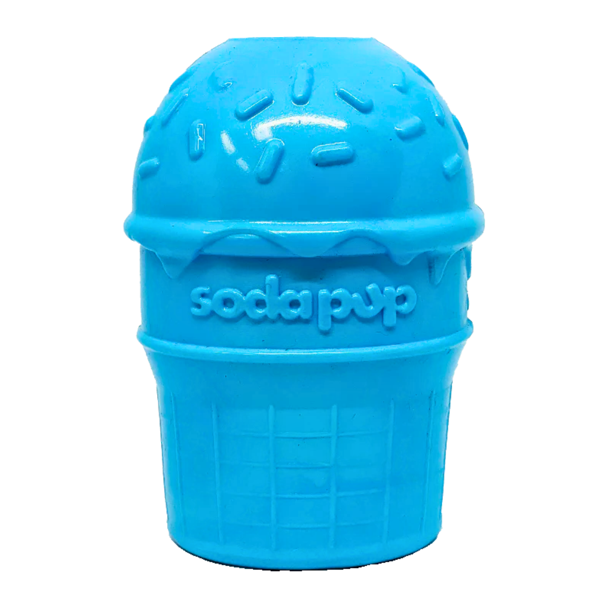 Blue ice cream cone-shaped dog toy with sprinkles and raised ‘SodaPup’ logo on the cup