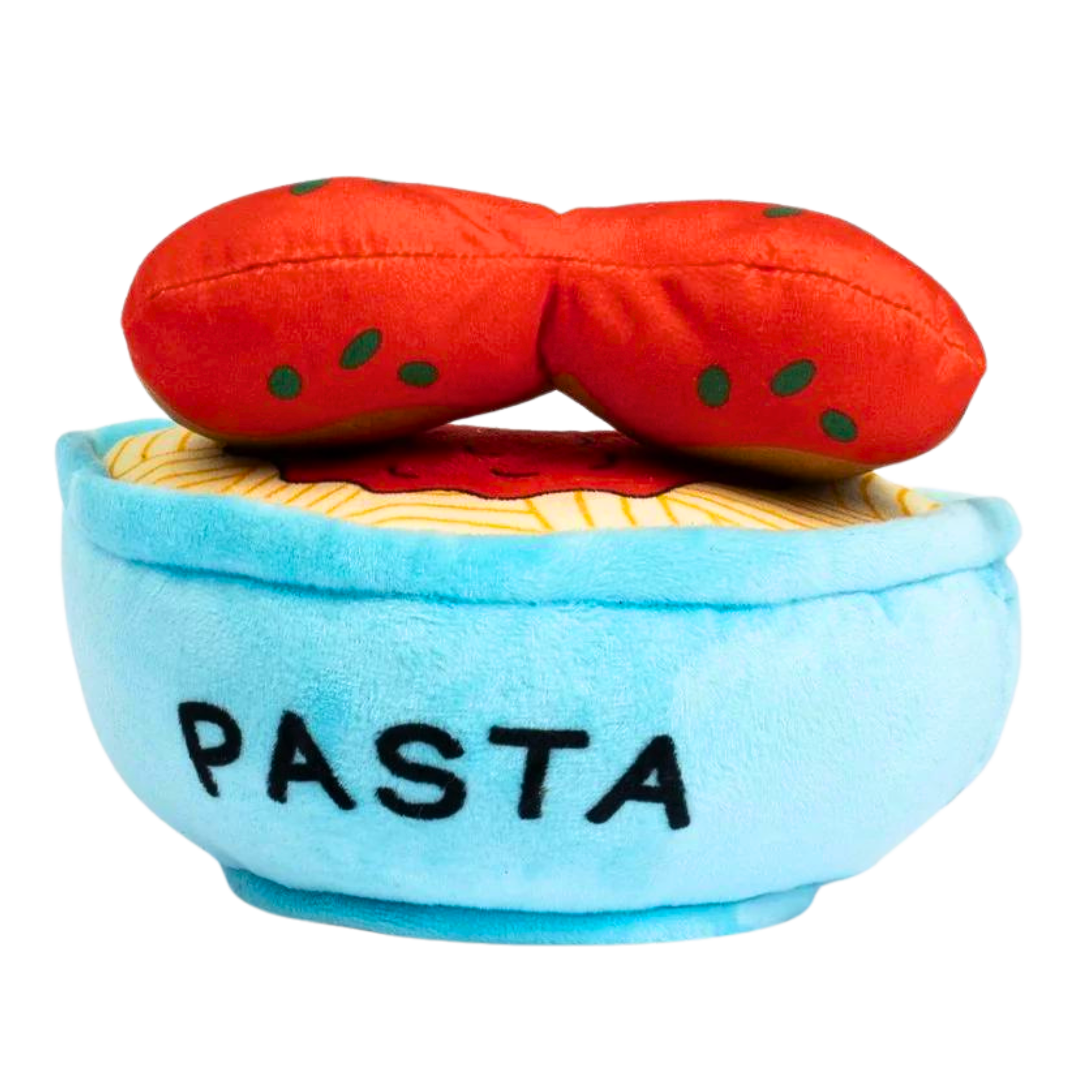 Plush dog toy shaped like a blue pasta bowl filled with spaghetti and a bun-shaped plush topping