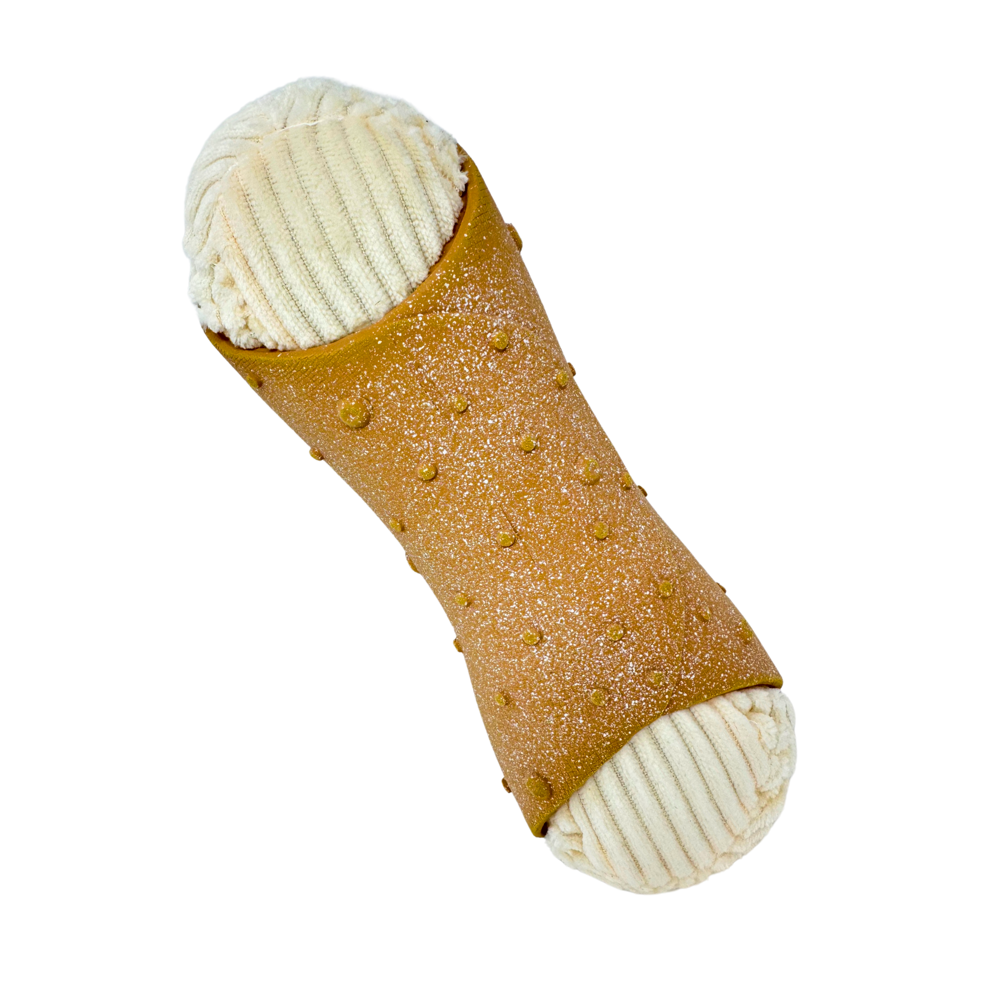 Plush dog toy shaped like an Italian cannoli with ribbed cream ends and a textured brown middle
