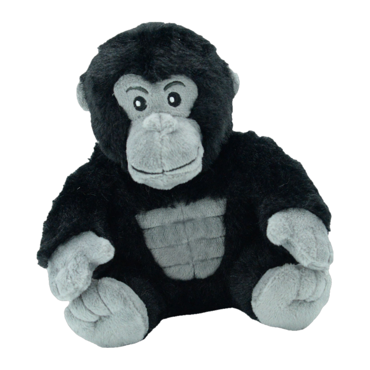 Waggly Jungle Gorilla plush dog toy, sitting black gorilla with grey face, chest and paws