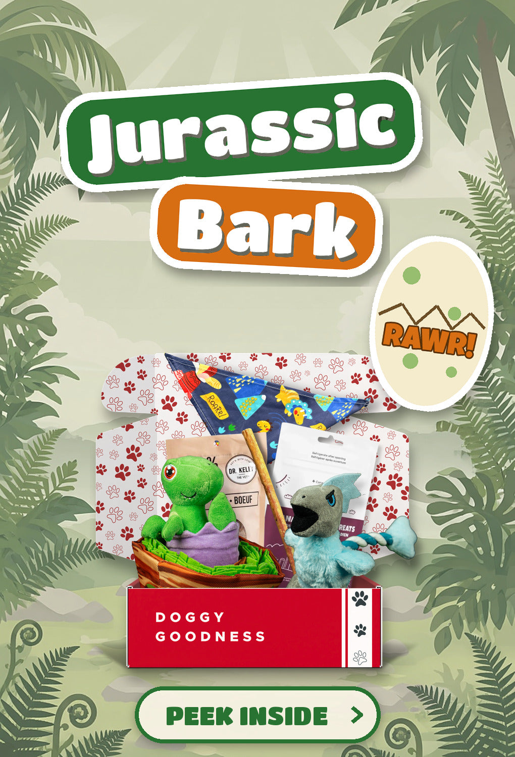 Jurassic Bark dinosaur themed WoofCrate dog box with toys and treats, Peek Inside