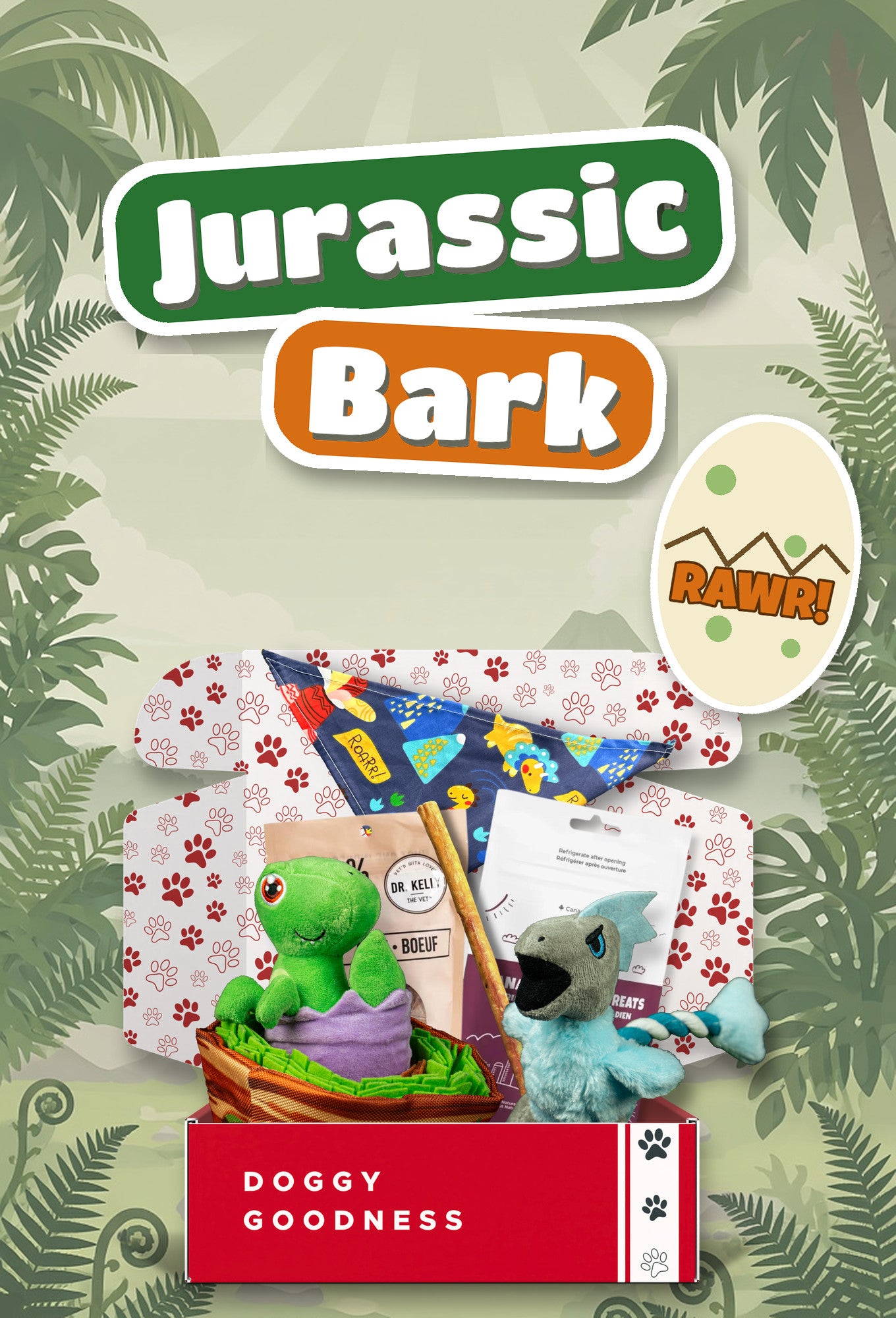 Jurassic Bark dinosaur themed WoofCrate dog box with toys and treats
