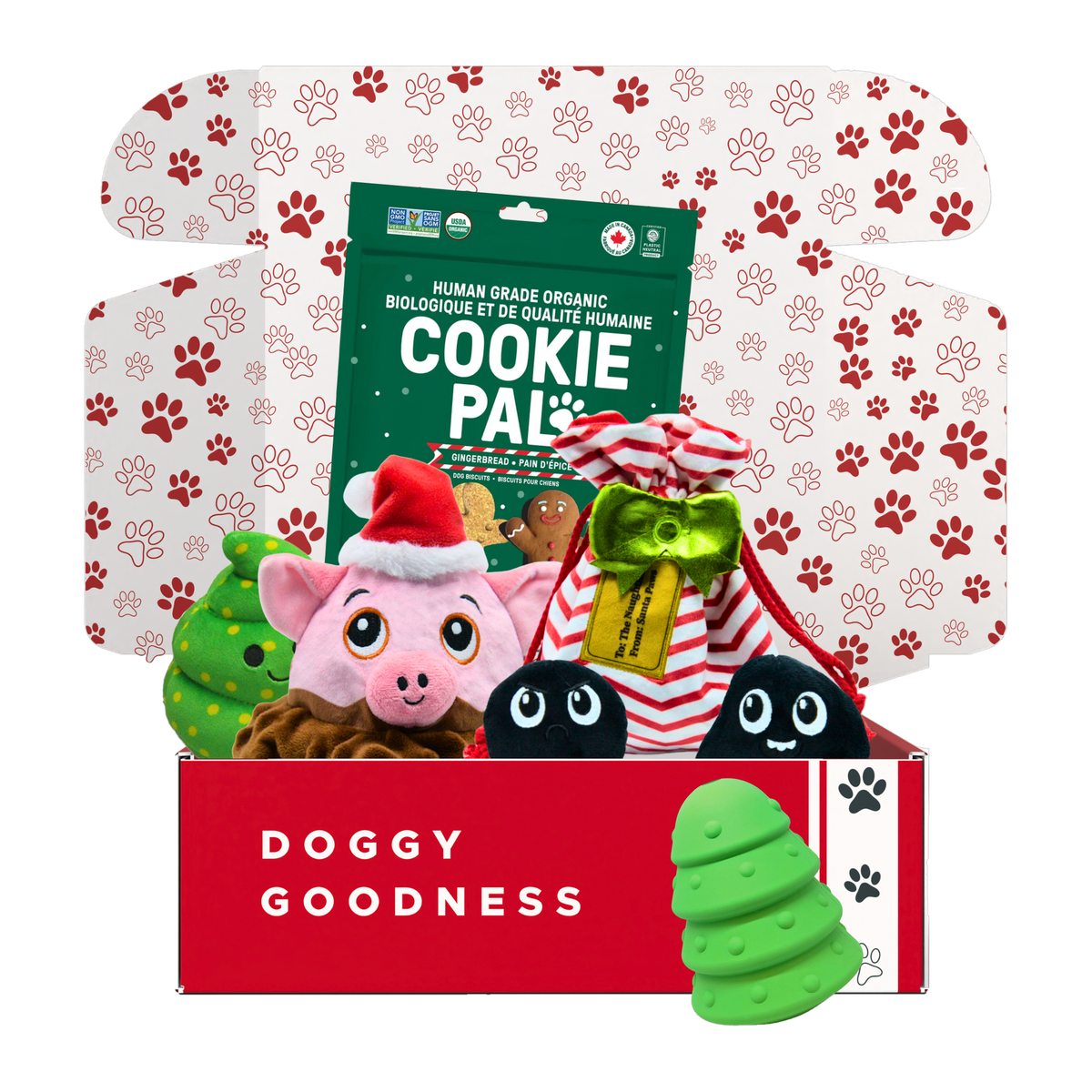 Merry Mischief Christmas dog box with pig and Santa sack plush toys, CookiePal Gingerbread biscuits and a green SodaPup Christmas tree