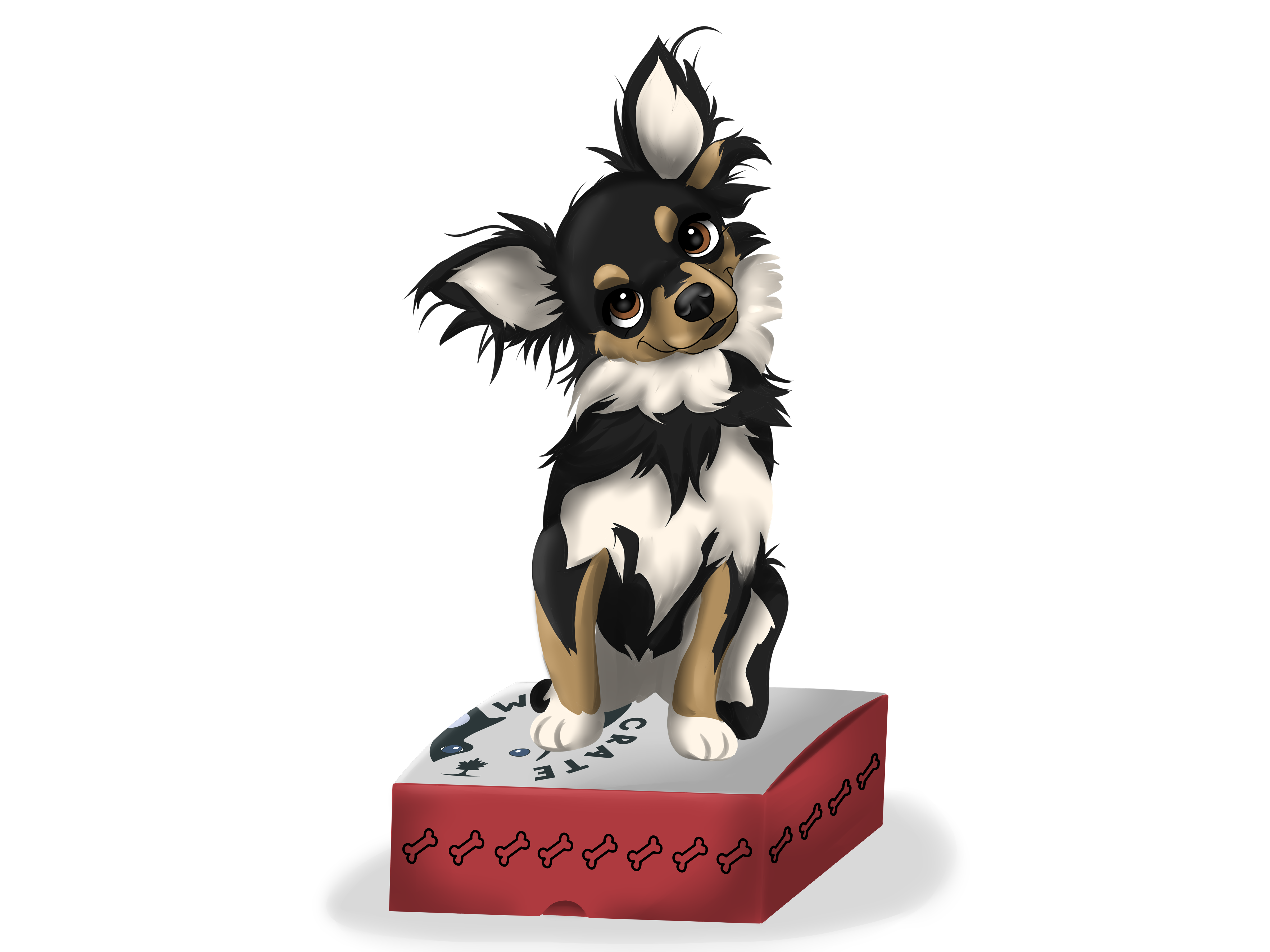 Adorable cartoon pup with a heart-melting head tilt, sitting sweetly atop a WoofCrate box