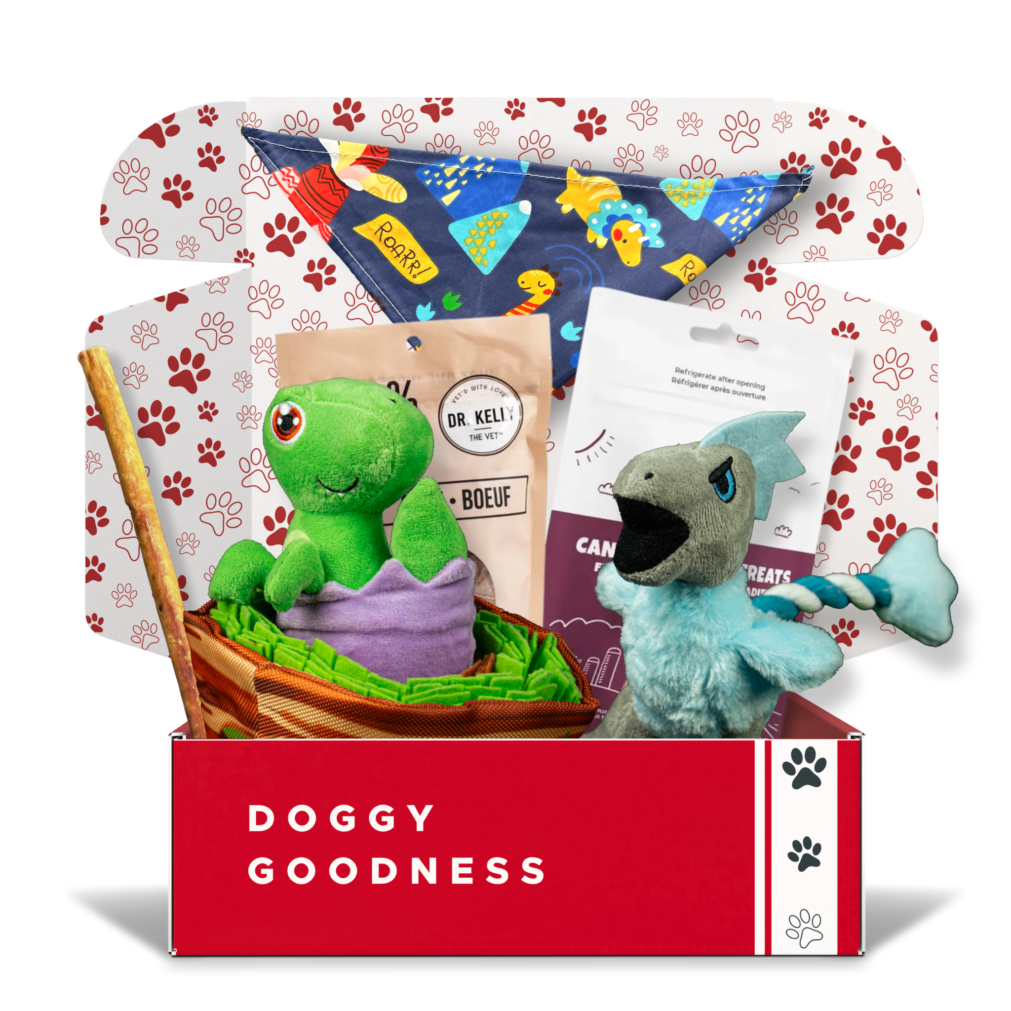 WoofCrate monthly dog subscription box opened to reveal premium plush toys, dog treats, chews and bandana