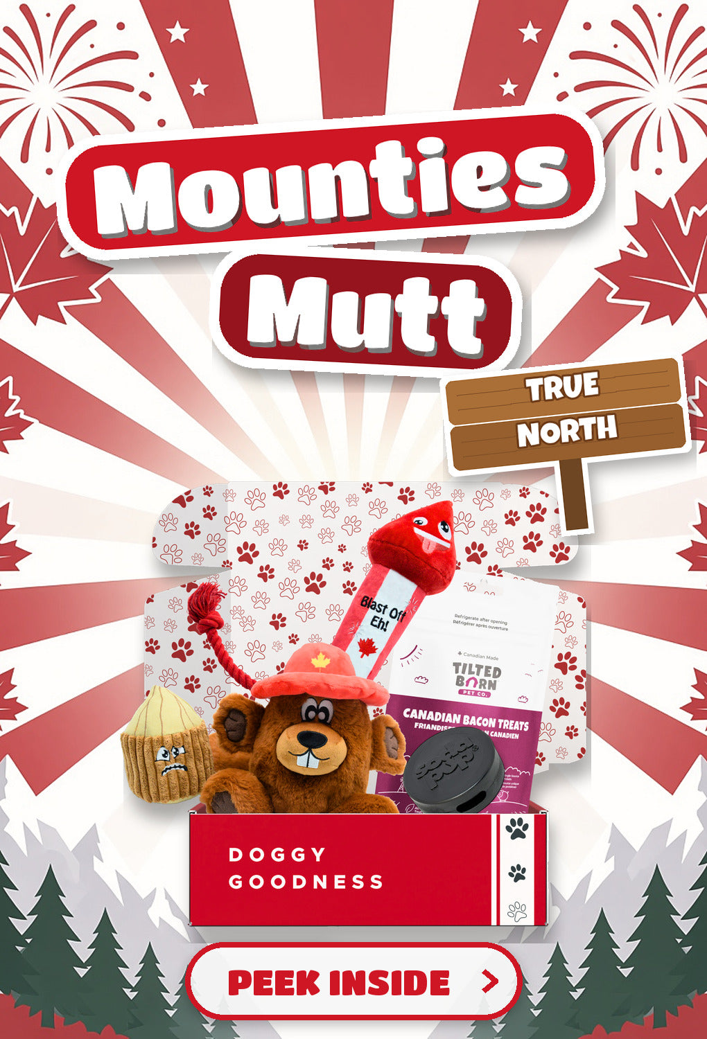 WoofCrate Mounties Mutt Canada themed dog box - Peek Inside