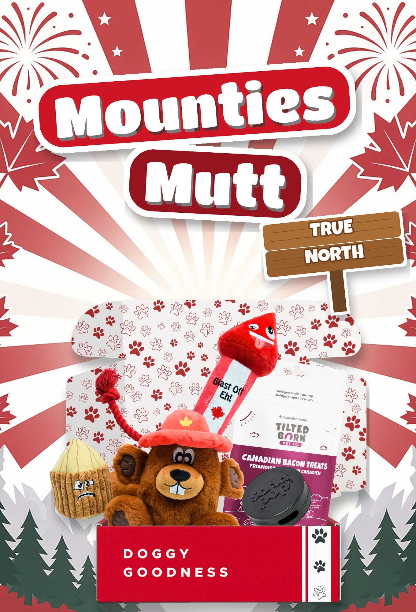 Mounties Mutt Canada themed WoofCrate dog box with toys and treats