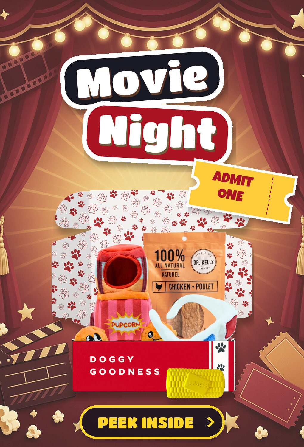 WoofCrate Movie Night themed dog box - Peek Inside