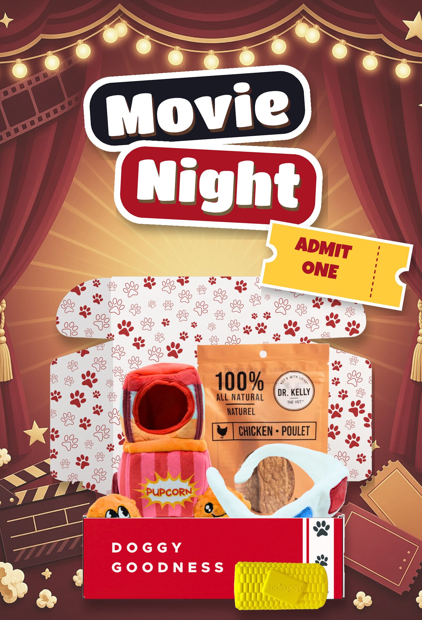 Movie Night themed WoofCrate dog box with toys and treats