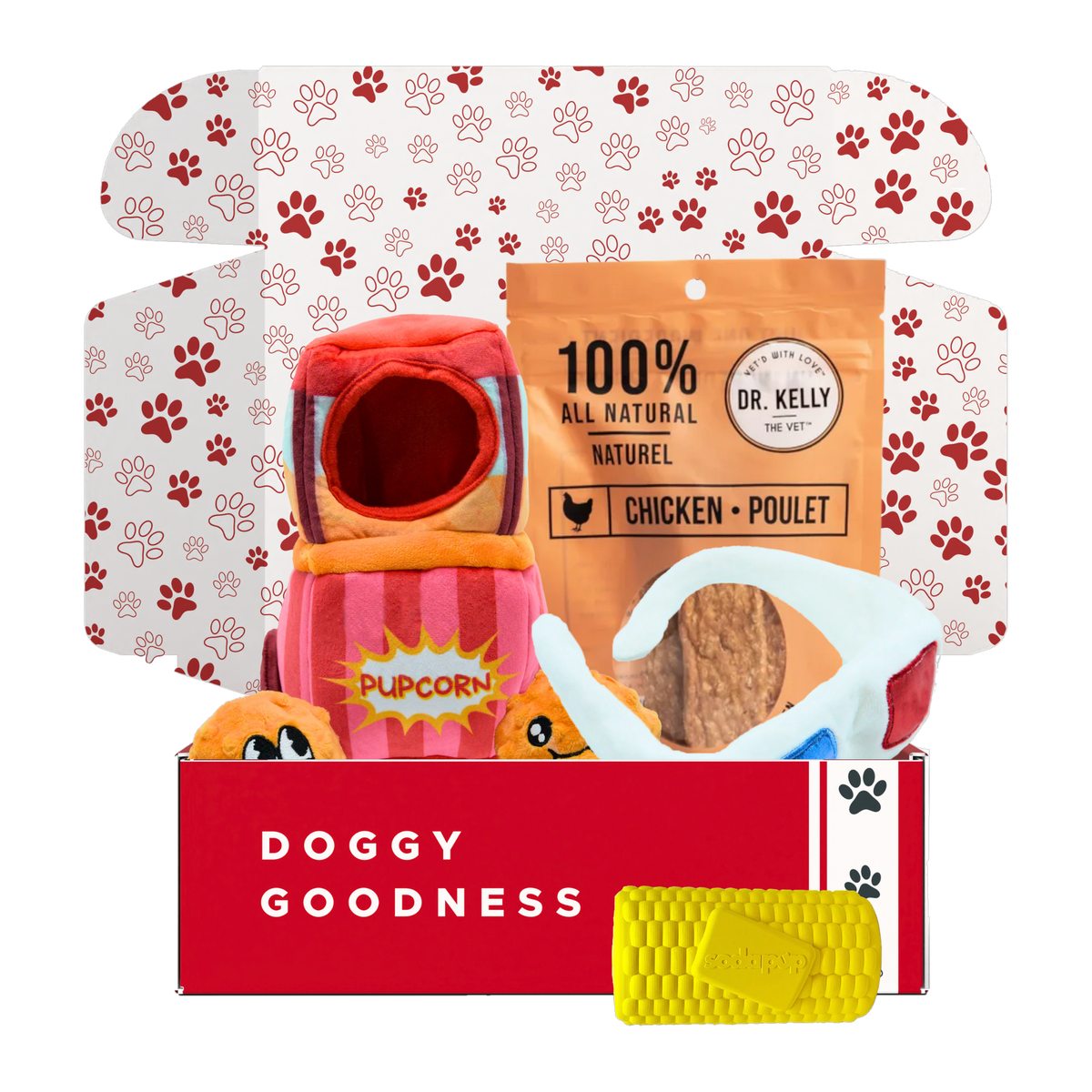Movie Night dog box with popcorn machine and 3D glasses plush toys, Dr. Kelly chicken treats and a yellow SodaPup corn toy