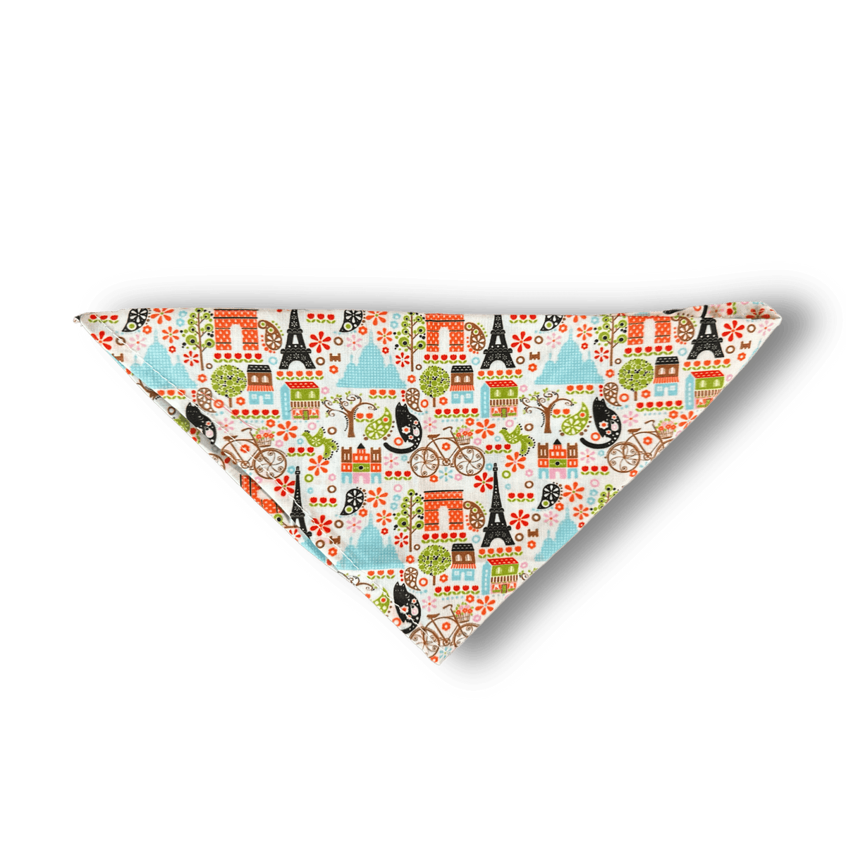 Paris themed bandana for dogs with Eifel towers, elegant bikes and Parisian landmarks.