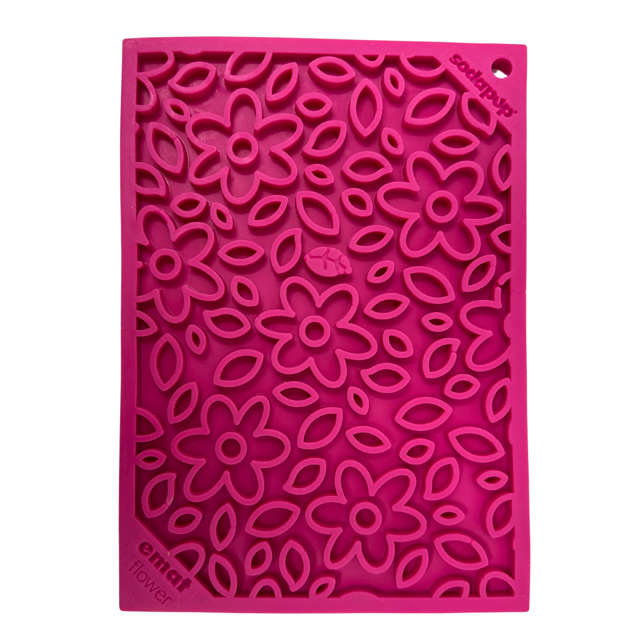 Close-up shot of a pink floral dog lick mat