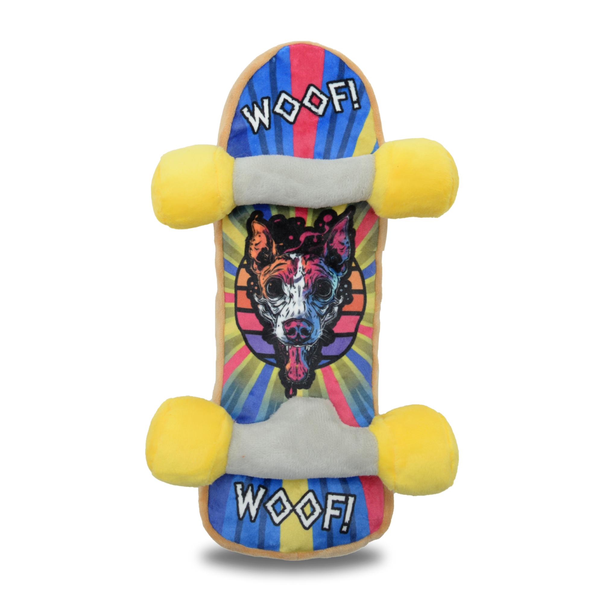 Bottom view of colorful plush skateboard dog toy with yellow wheels, featuring a dog graphic and "Woof!" text