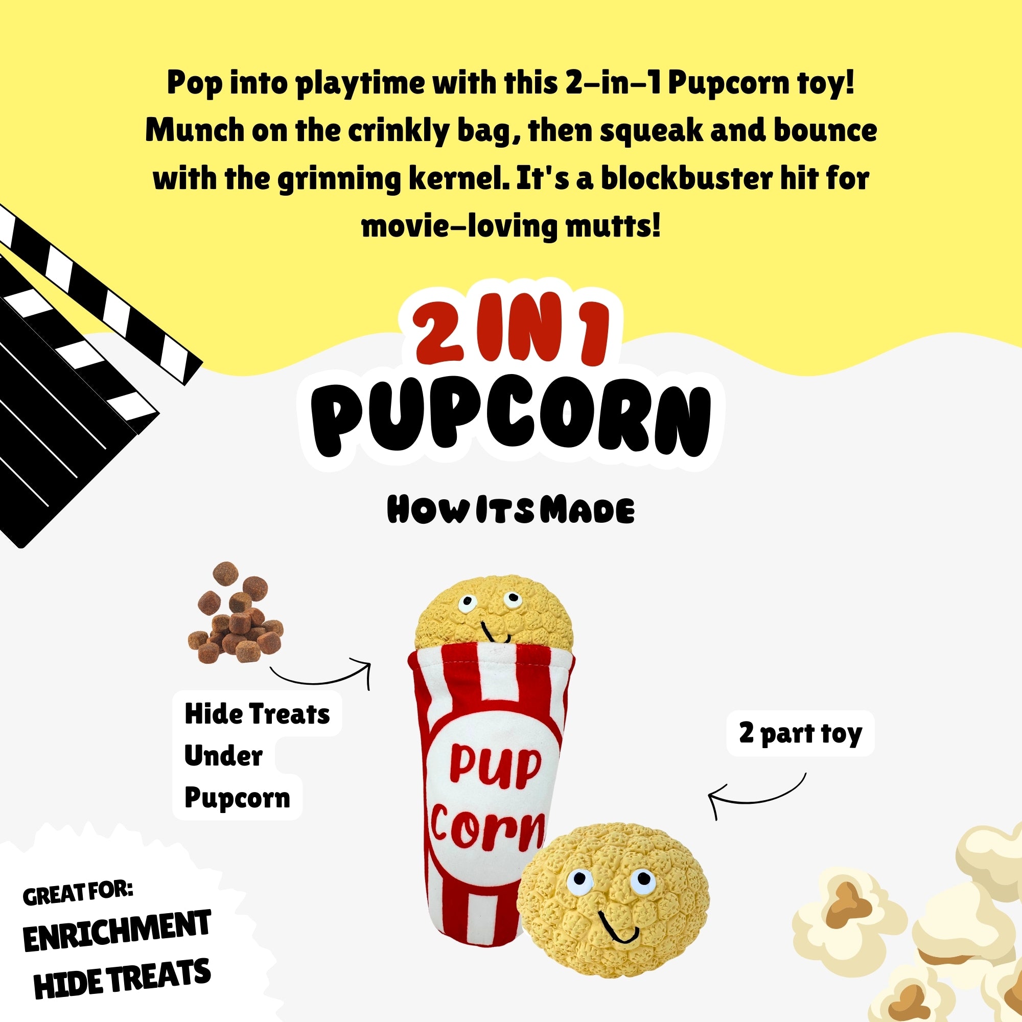 2-in-1 pupcorn dog toy labeled “How It’s Made,” with plush popcorn, crinkle bucket, and arrow pointing to treat slot