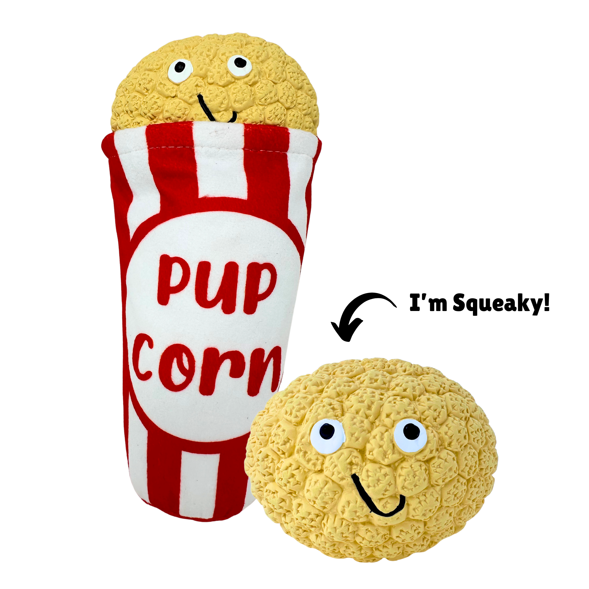 Plush popcorn dog toy with two smiling plush pieces, one in a “pupcorn” bucket and the other next to it
