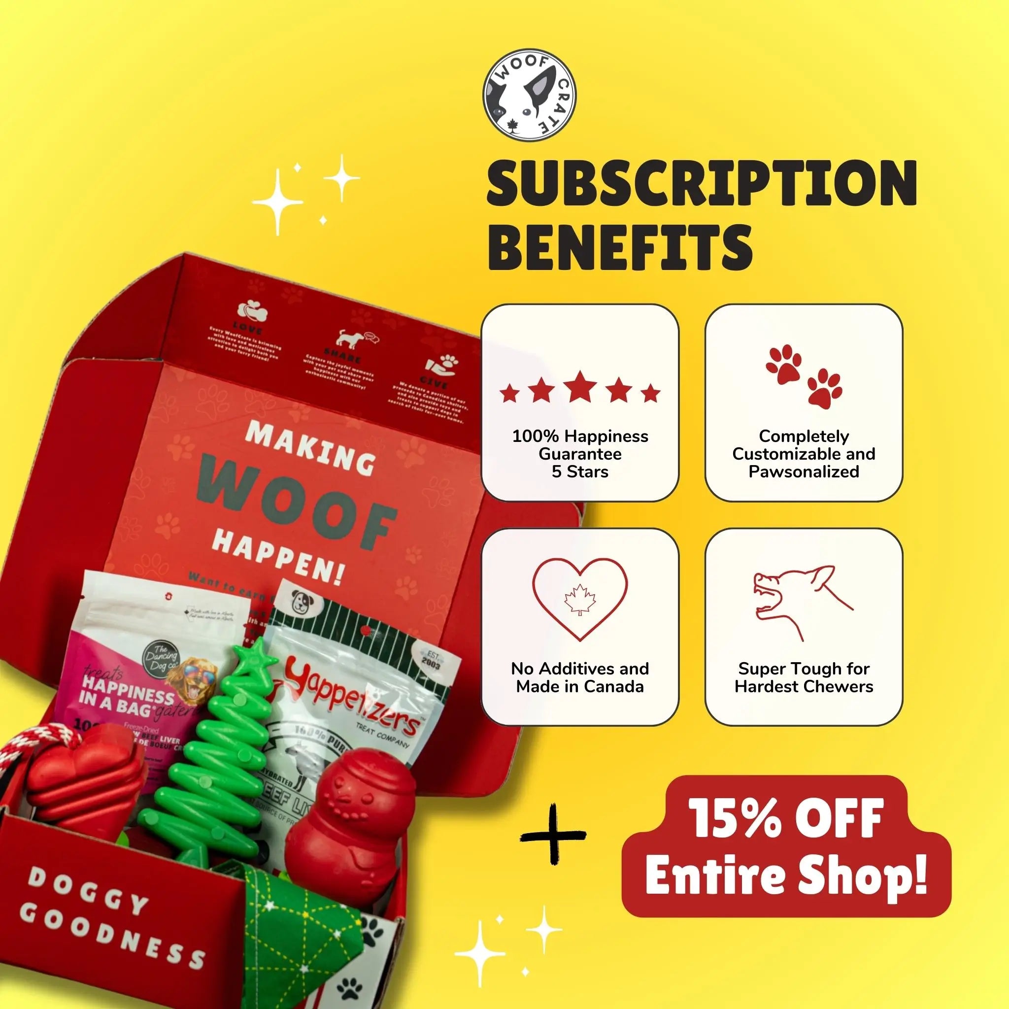 Open dog box with toys, treats, and bandana under “Making WOOF Happen!” lid, with 15% off and subscription benefits labels
