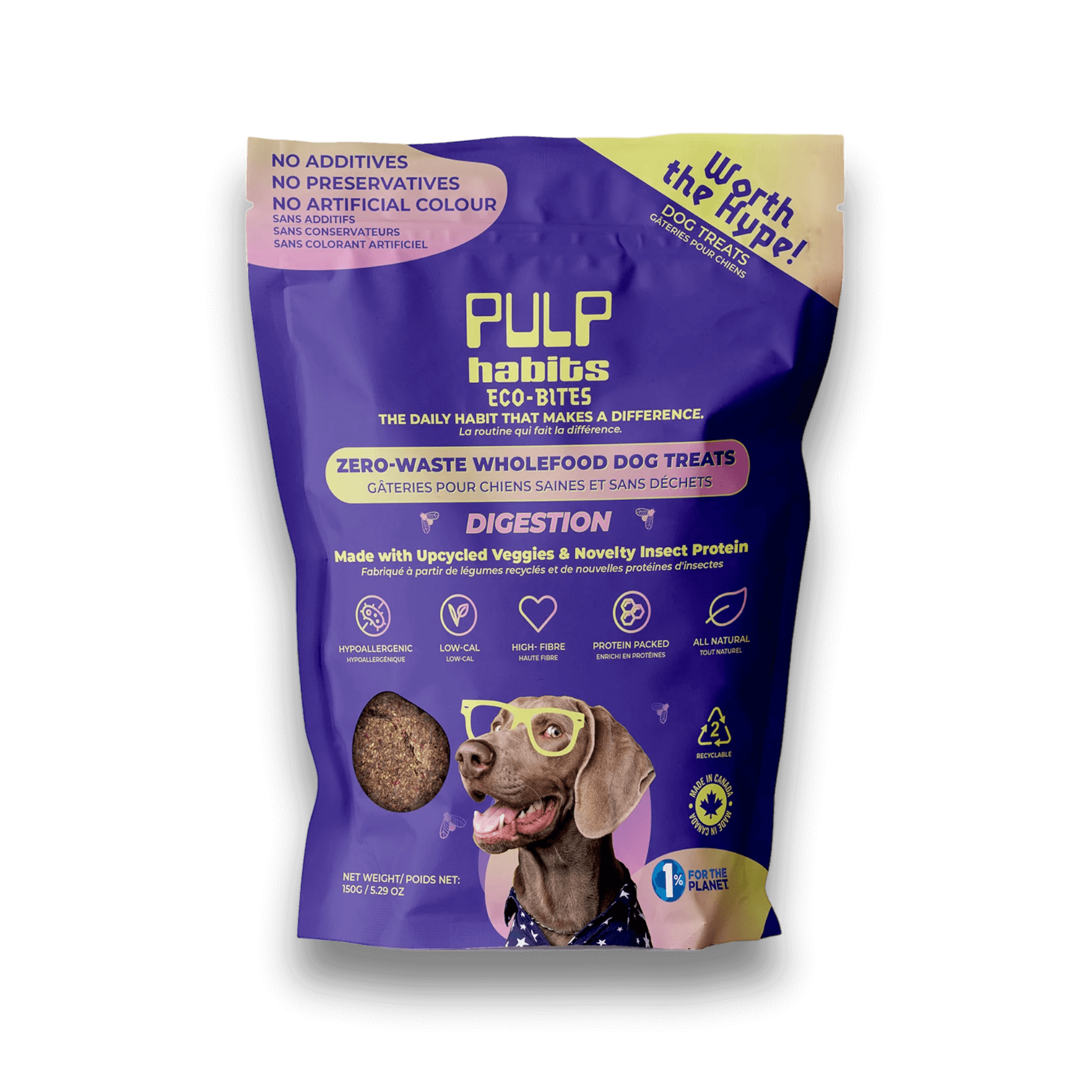 up close photo of a bag of pulp habits digestion dog treats. 