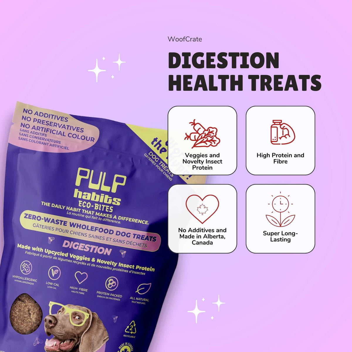 Pulp habits digestive dog treats side by side with benefits. The benefits include being made of upcycled vegetables and novelty insect proteins as well as being made in Canada and long lasting.