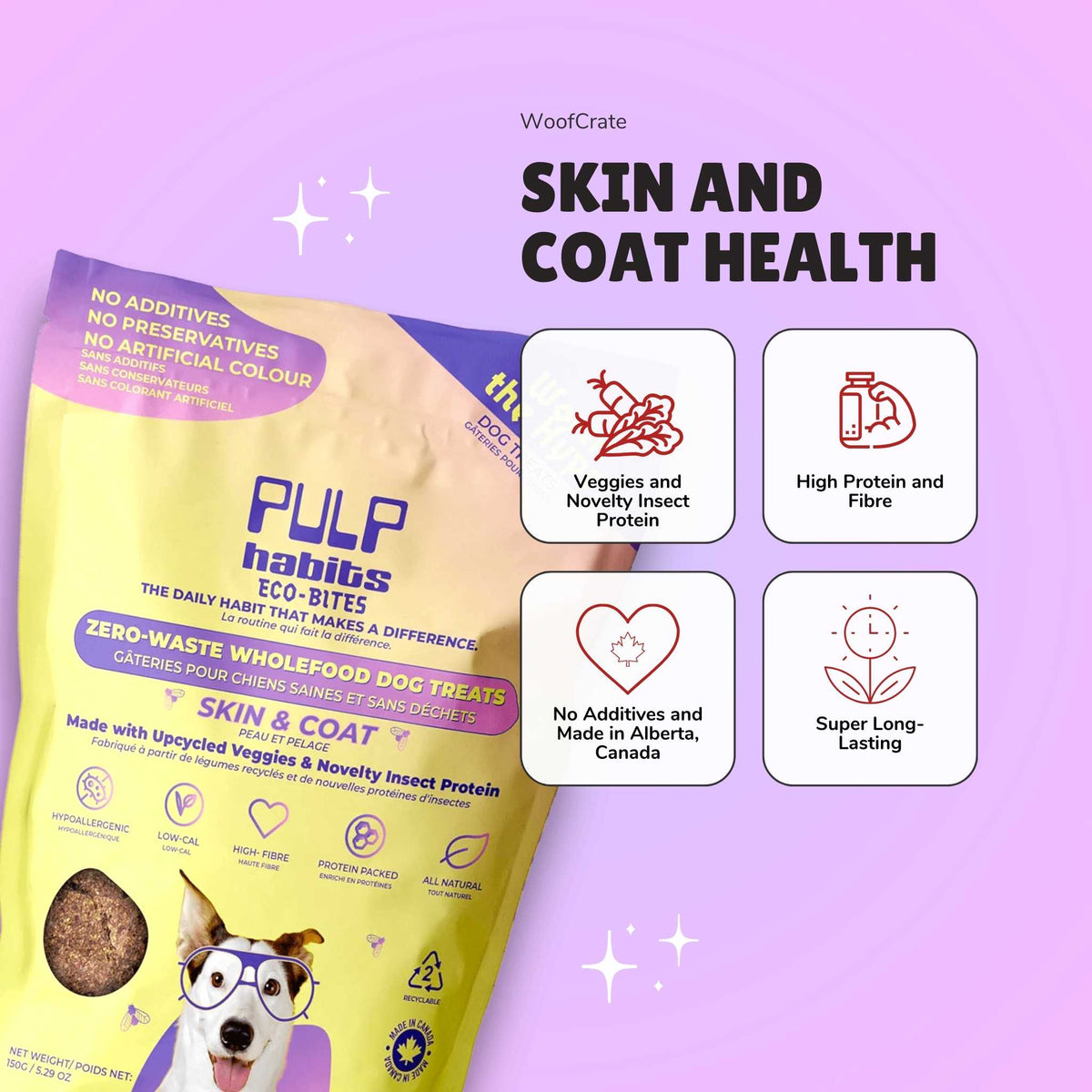 Pulp habits skin and coat dog treats side by side with benefits. The benefits include being made of upcycled vegetables and novelty insect proteins as well as being made in Canada and long lasting.