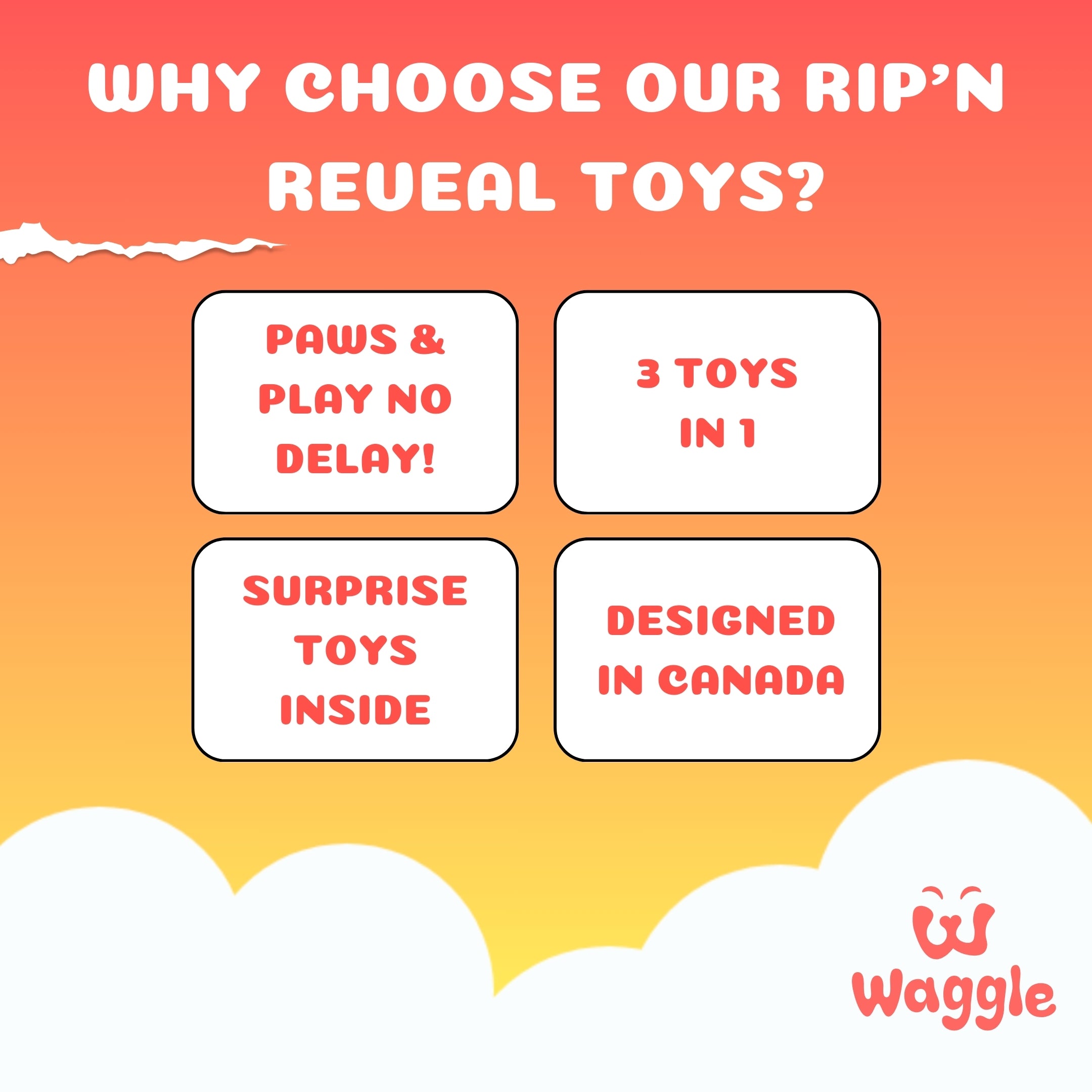 “Why Choose Our Rip’n Reveal Toys?” graphic showing 4 perks like surprise toys and a 3-in-1 design by Waggle