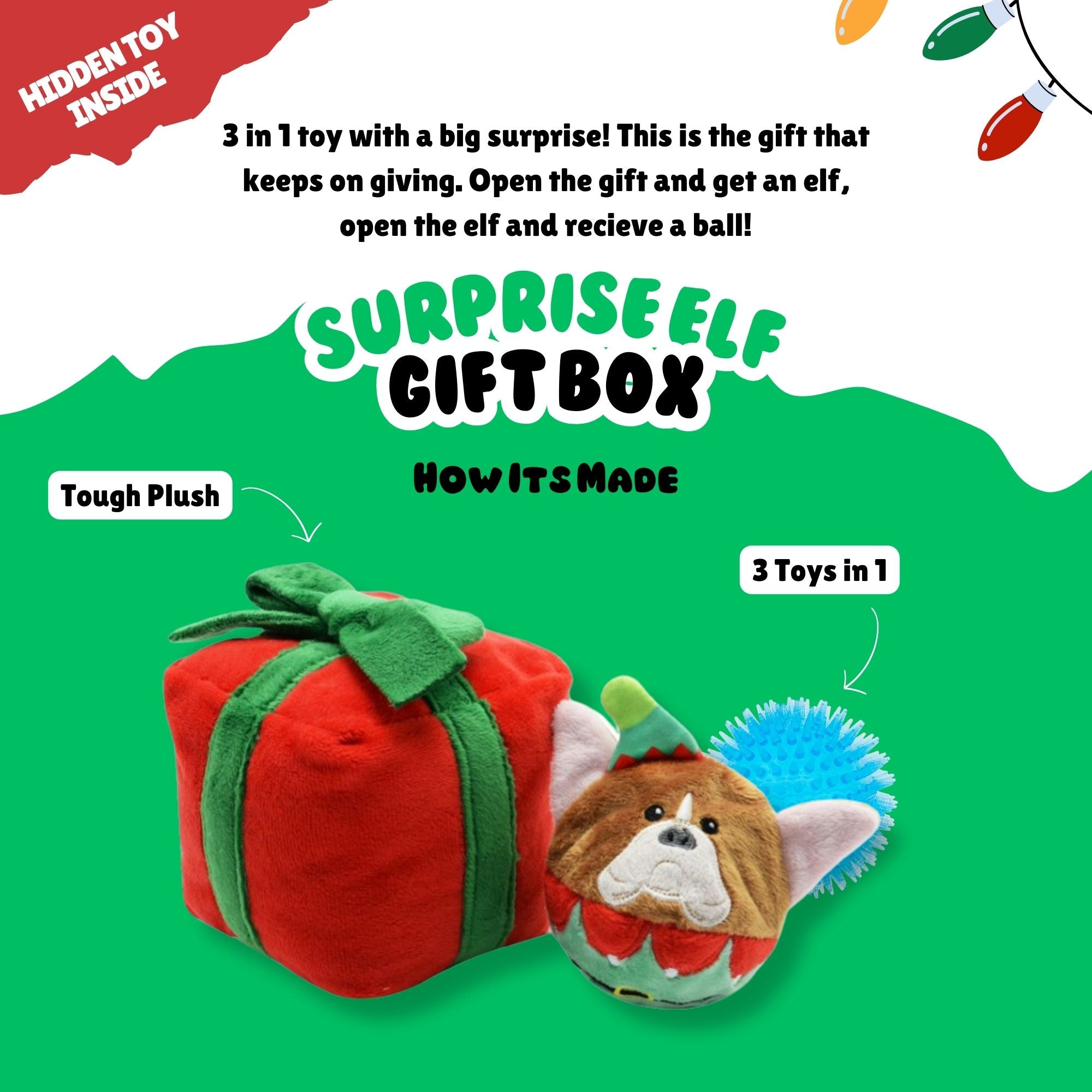 Colorful graphic showcasing plush red gift box, festive elf character, and spiky blue ball, with labeled product features