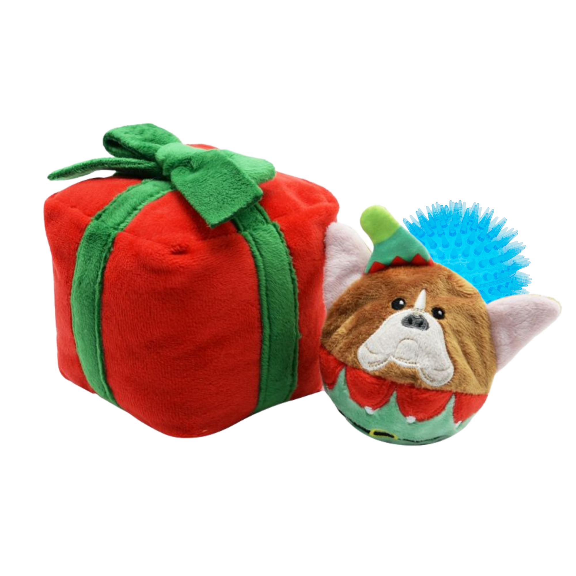 Dog toy set with red present, plush elf dog face, and spiky blue ball