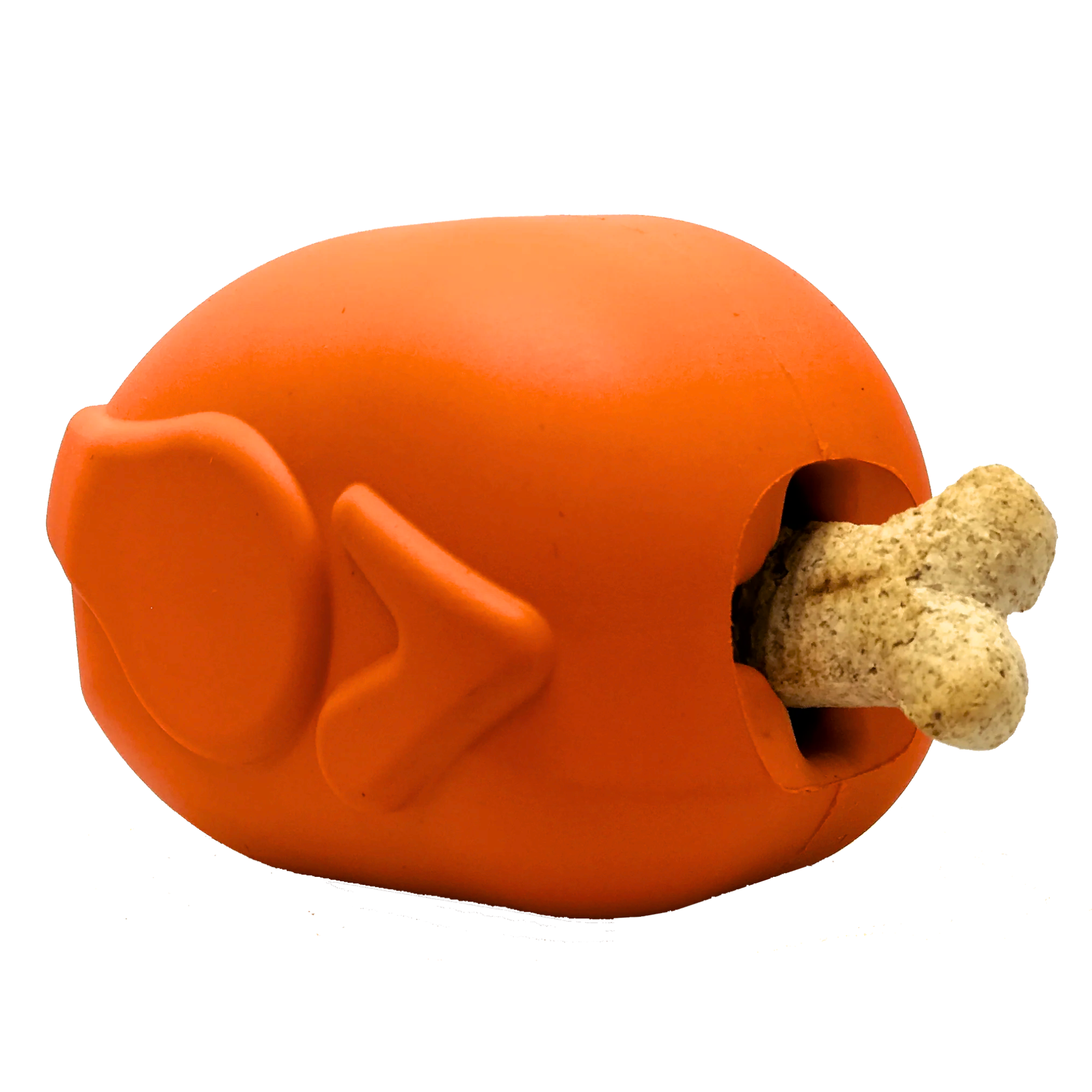 Turkey-shaped dog toy in orange, with treat-filled cavity at rear, wings, and drumstick details on side