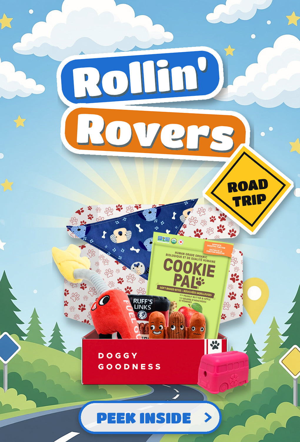 WoofCrate Rollin' Rovers road trip themed dog box - Peek Inside