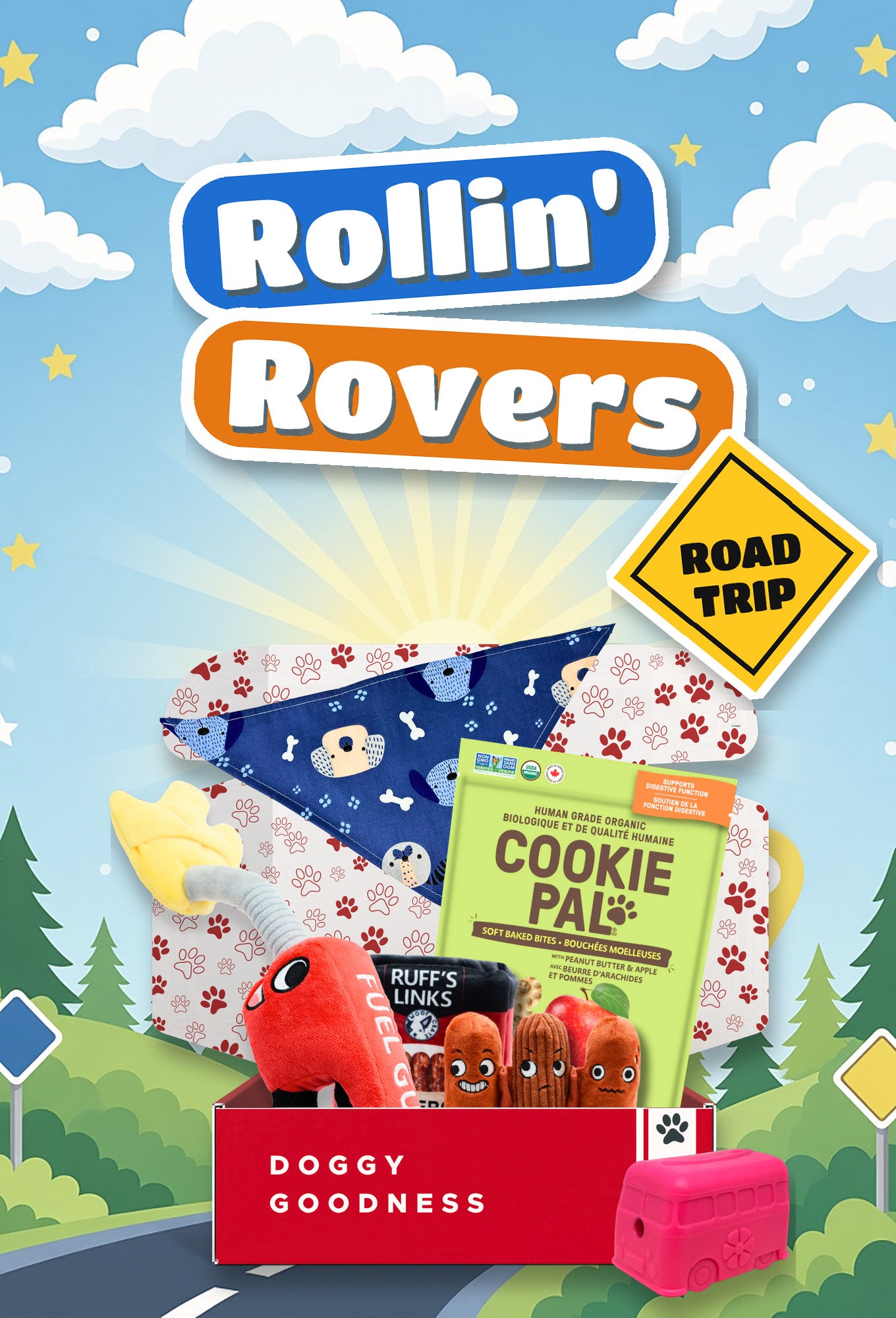 Rollin' Rovers road trip themed WoofCrate dog box with toys and treats