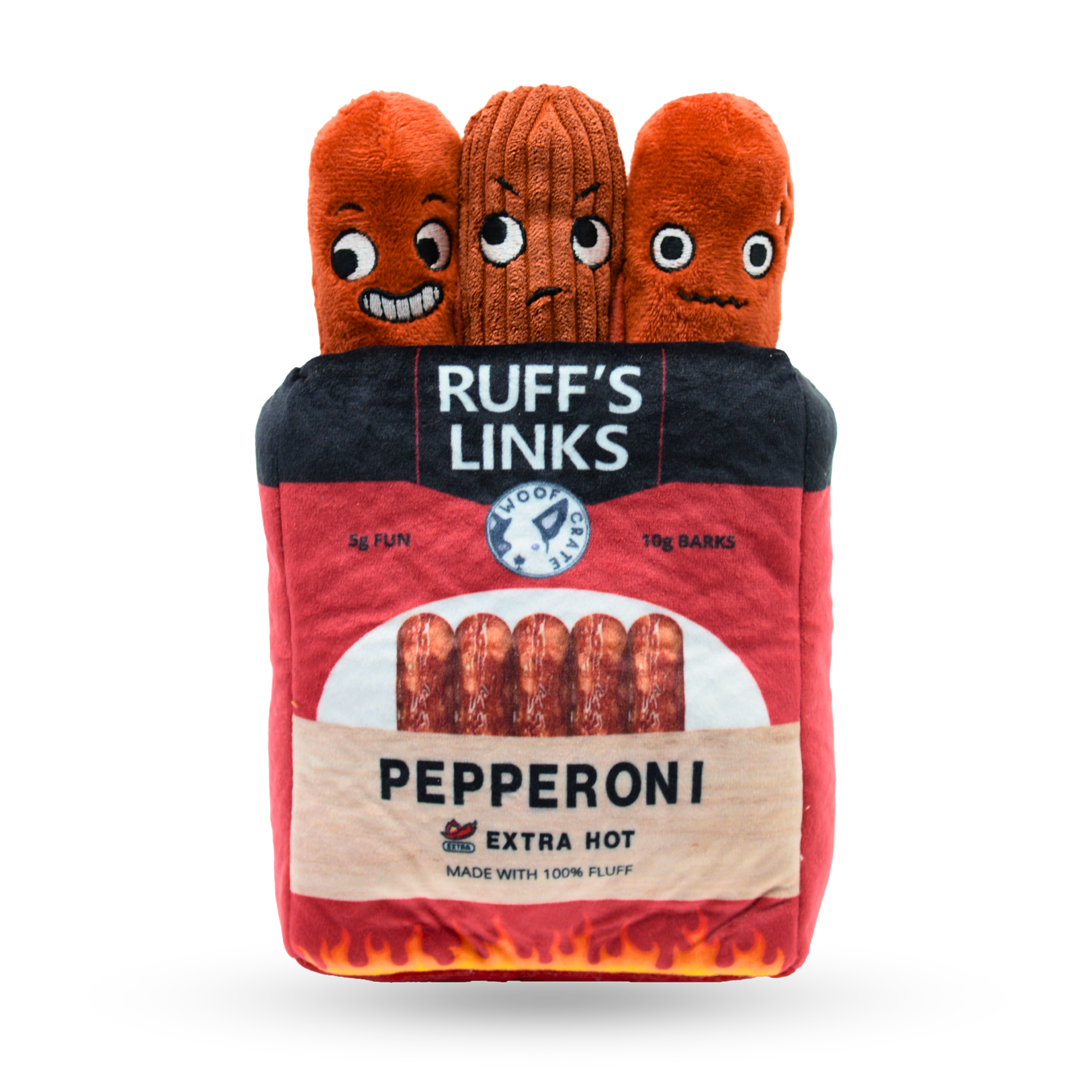 Funny pepperoni dog toy with three plush sausages peeking out of a red snack pouch