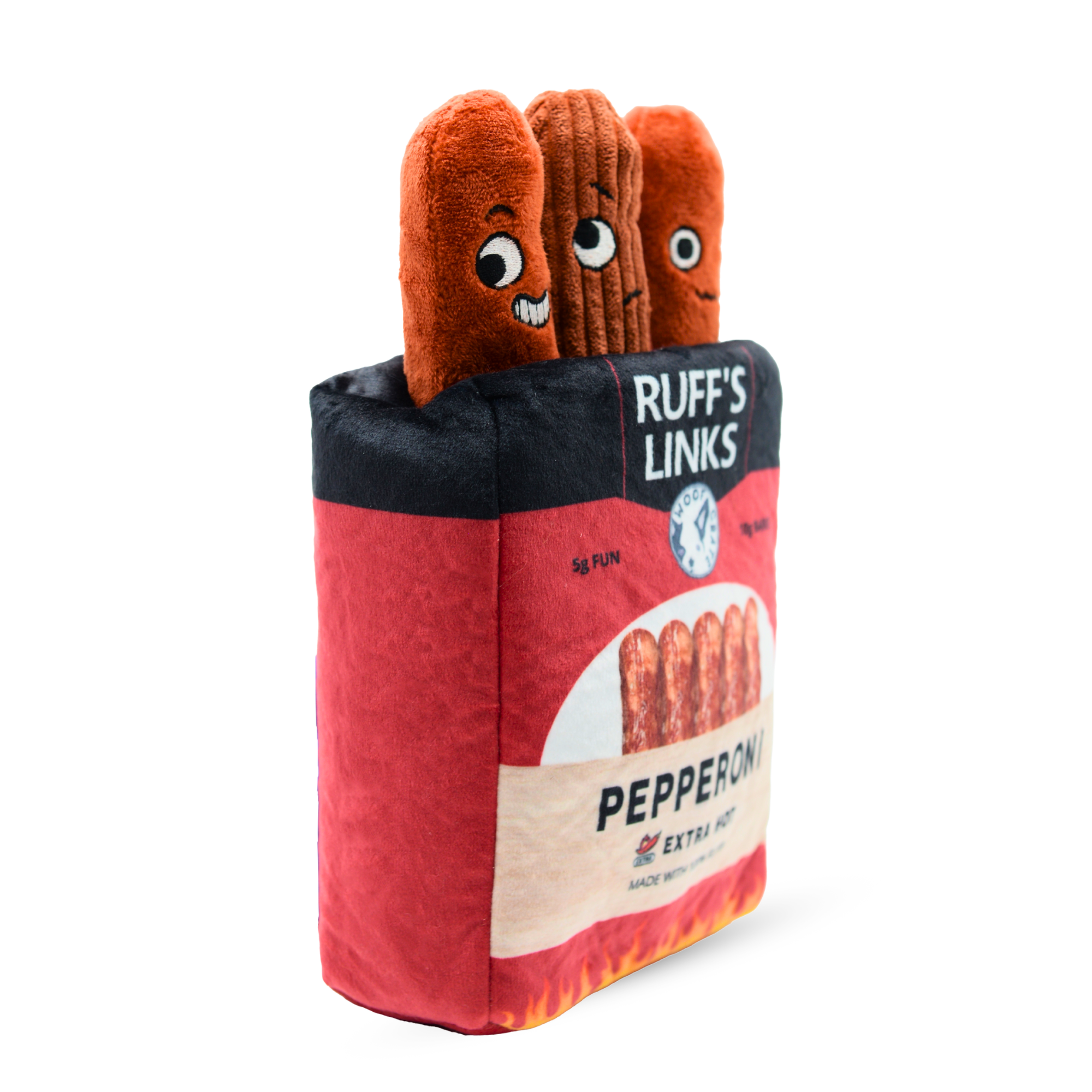 Funny pepperoni dog toy with three plush sausages peeking out of a red snack pouch
