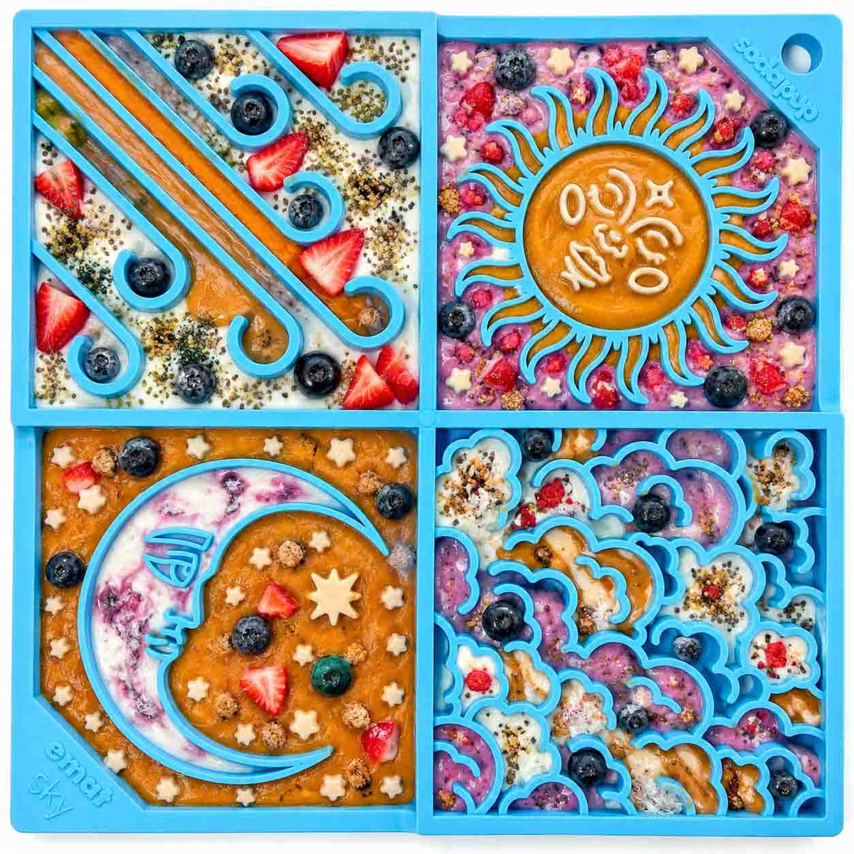 Blue Sky lick mat with colourful treats in each panel