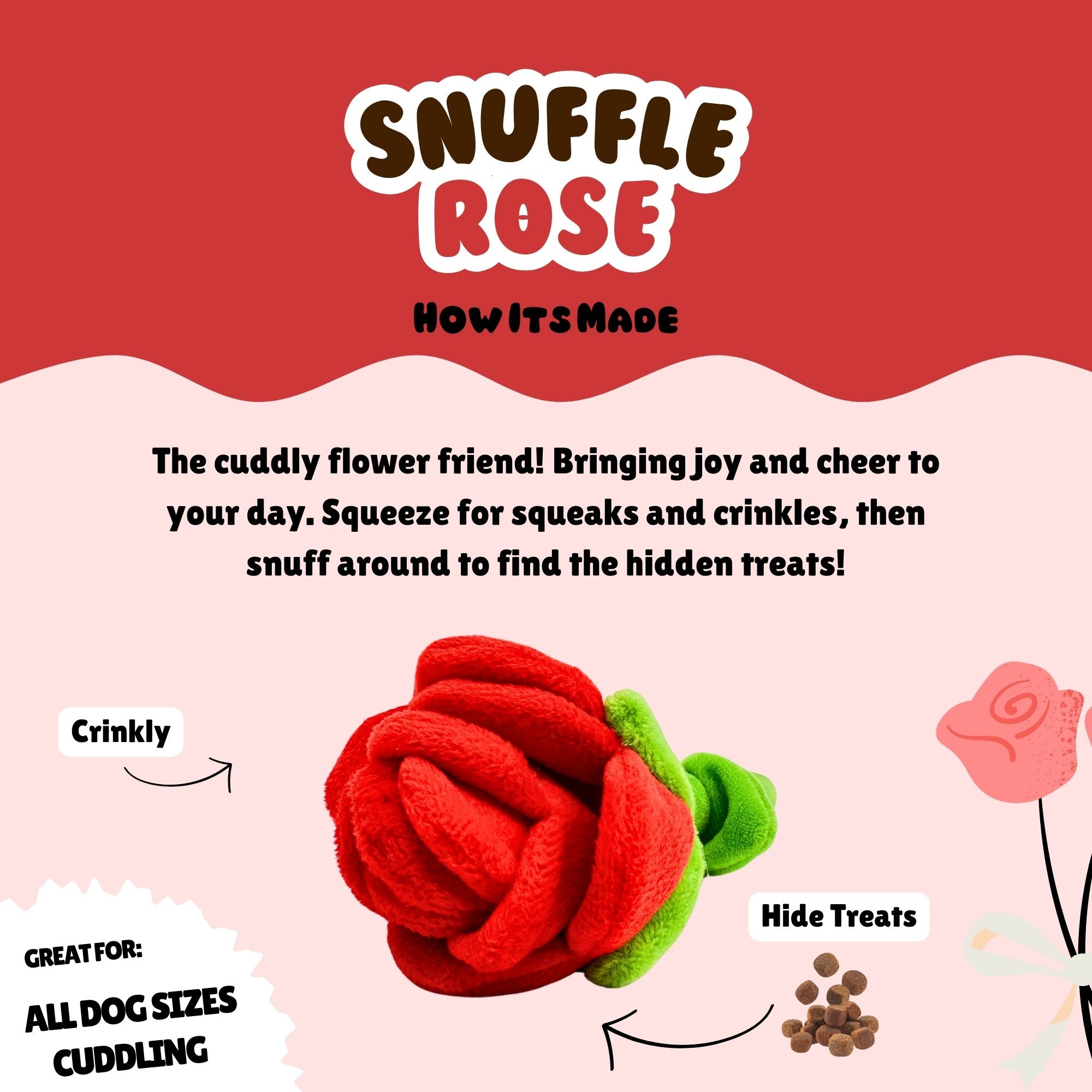 Snuffle Rose plush dog toy with crinkles and treat pockets, shown with “How it’s made” text and playful labeled features