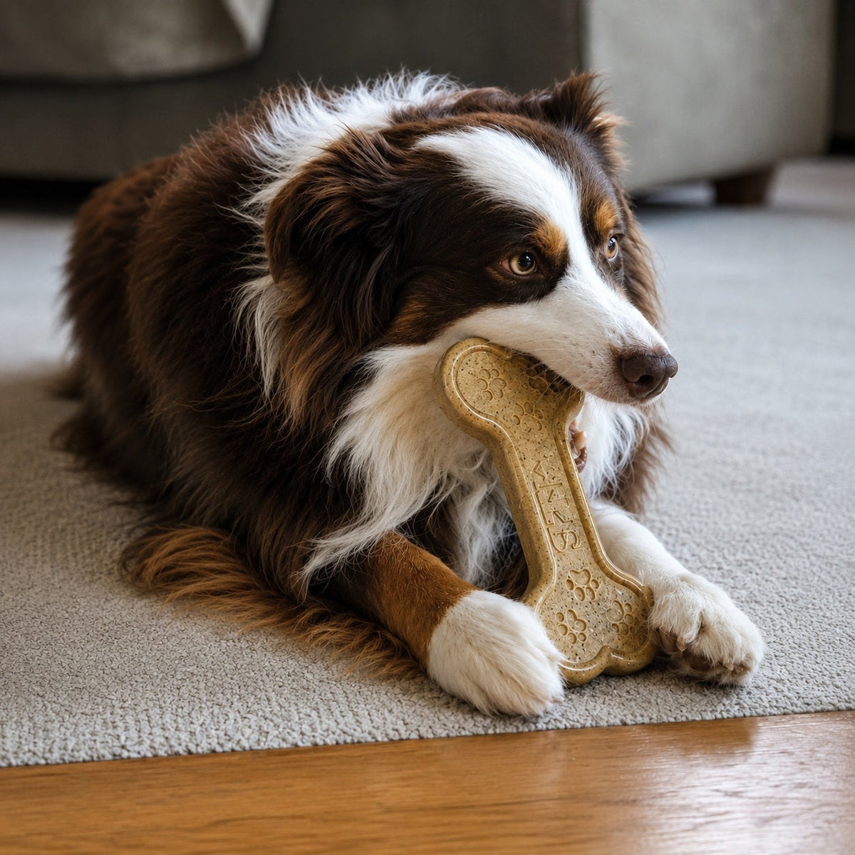 Dog chewing a SodaPup nylon Bone toy on the floor