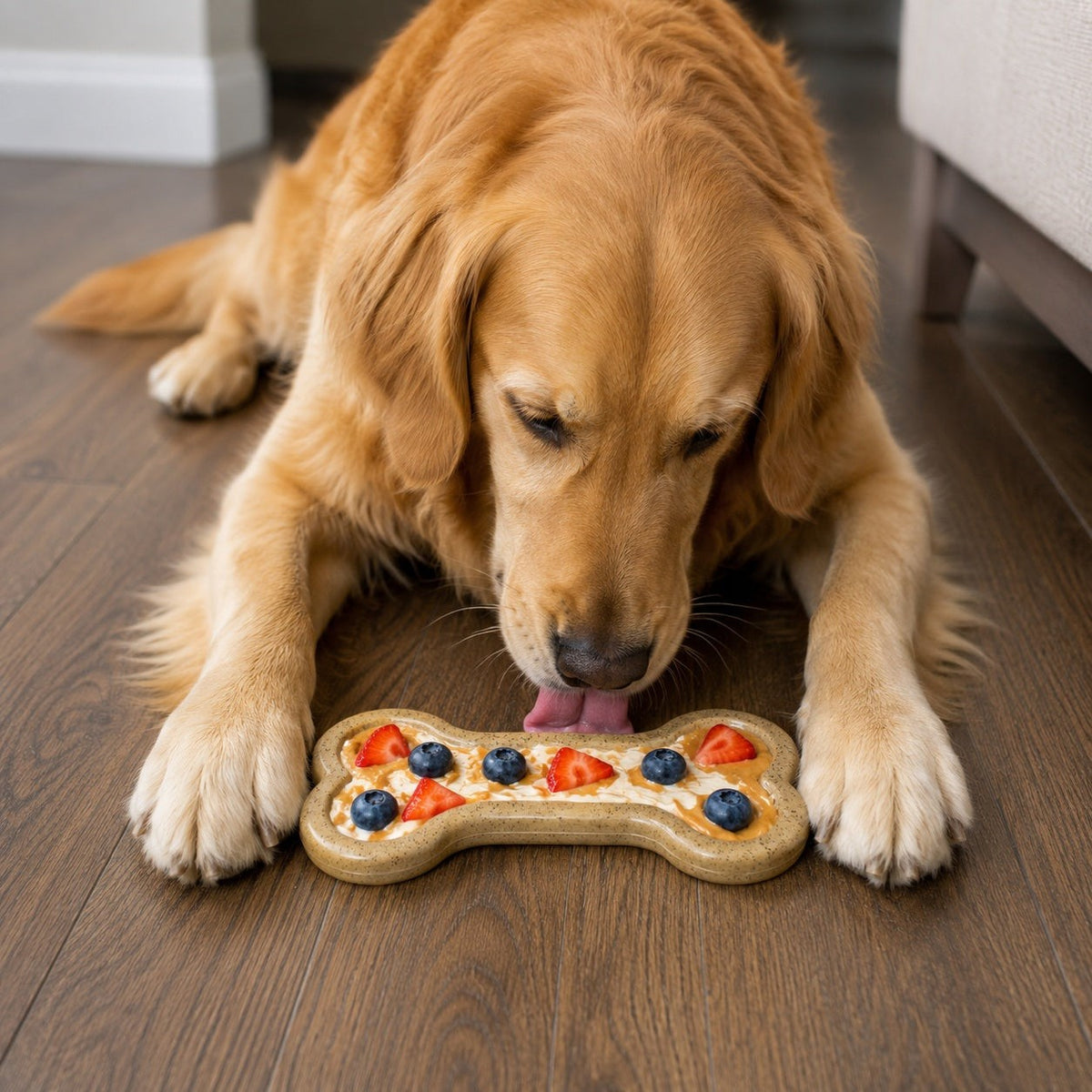 Golden retriever with a SodaPup nylon Bone chew toy