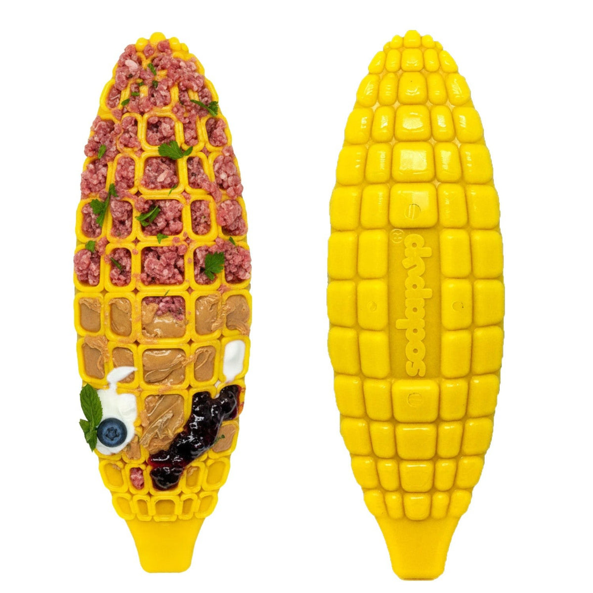 SodaPup Corn on the Cob nylon chew toys, one topped with spreads