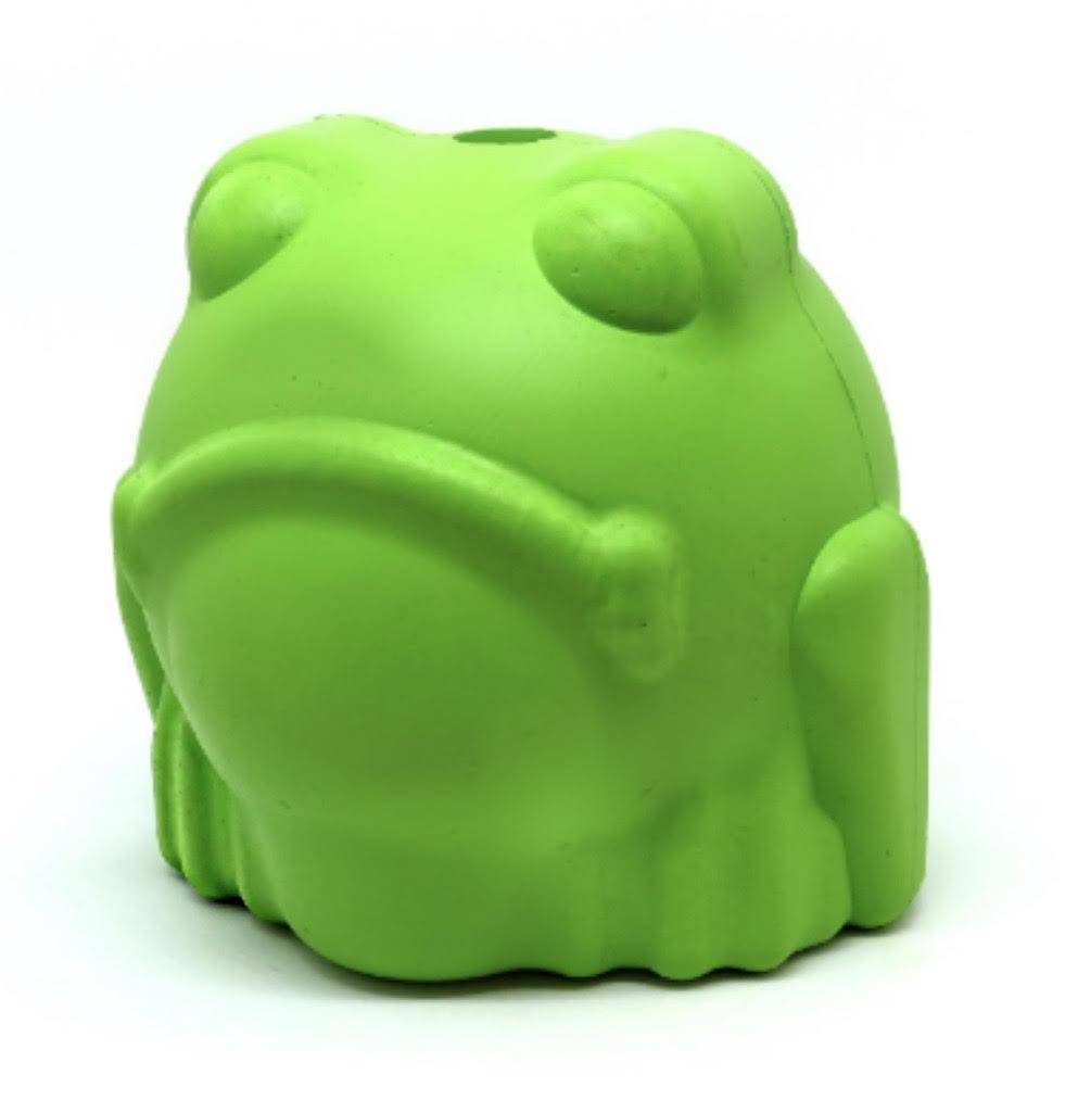 Green rubber Bull Frog treat dispenser, angled front view