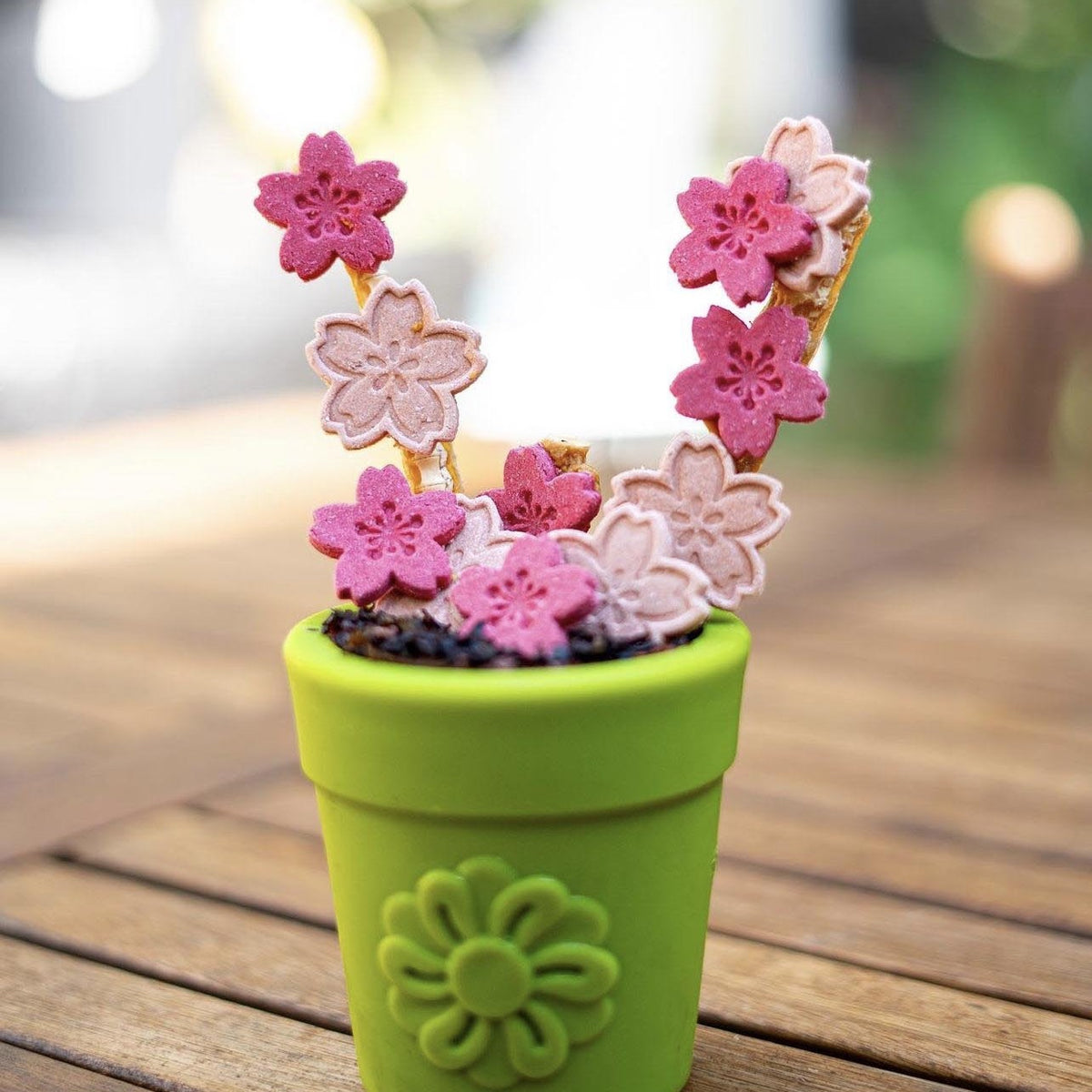 Green SodaPup Flower Pot topped with flower-shaped treats