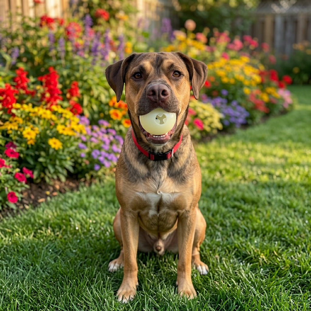 Dog sitting in a garden holding the SodaPup glow ball in its mouth