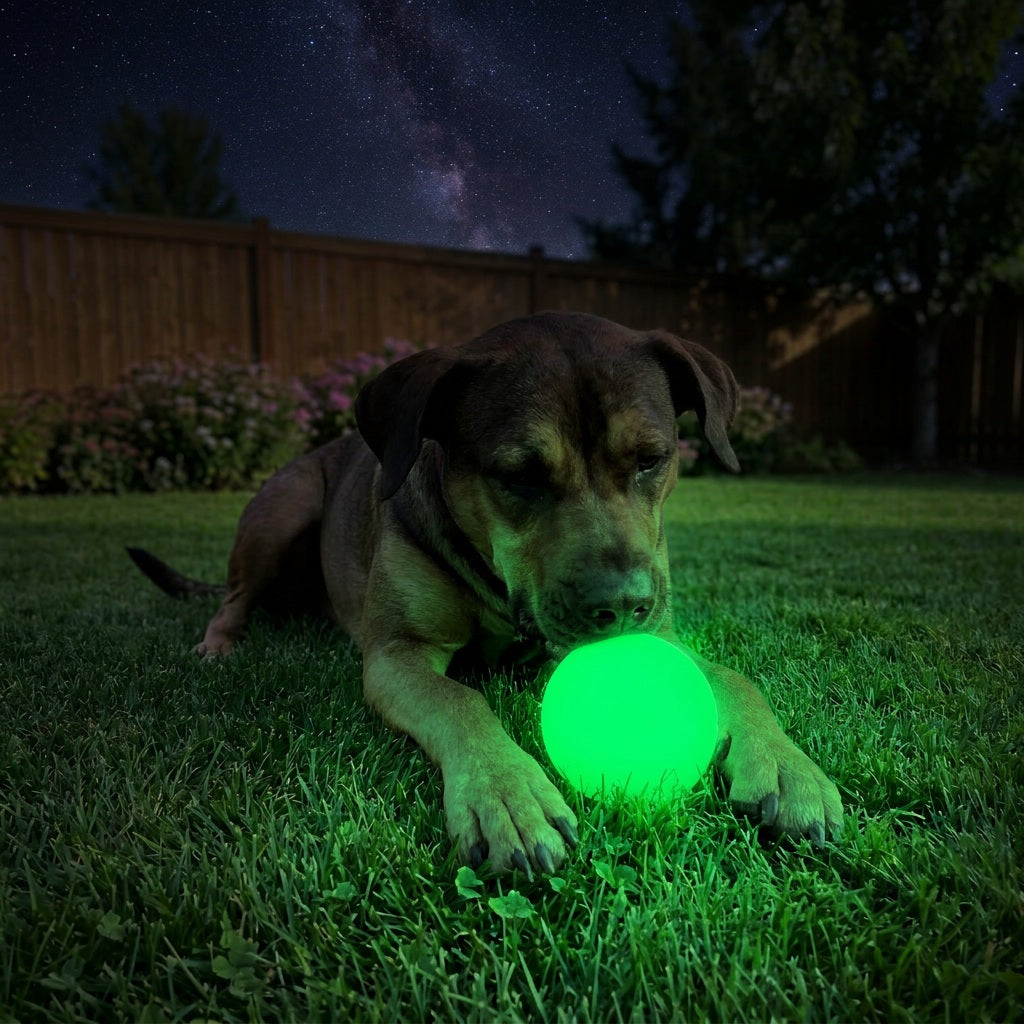 Dog lying in the grass at night with the SodaPup ball glowing green