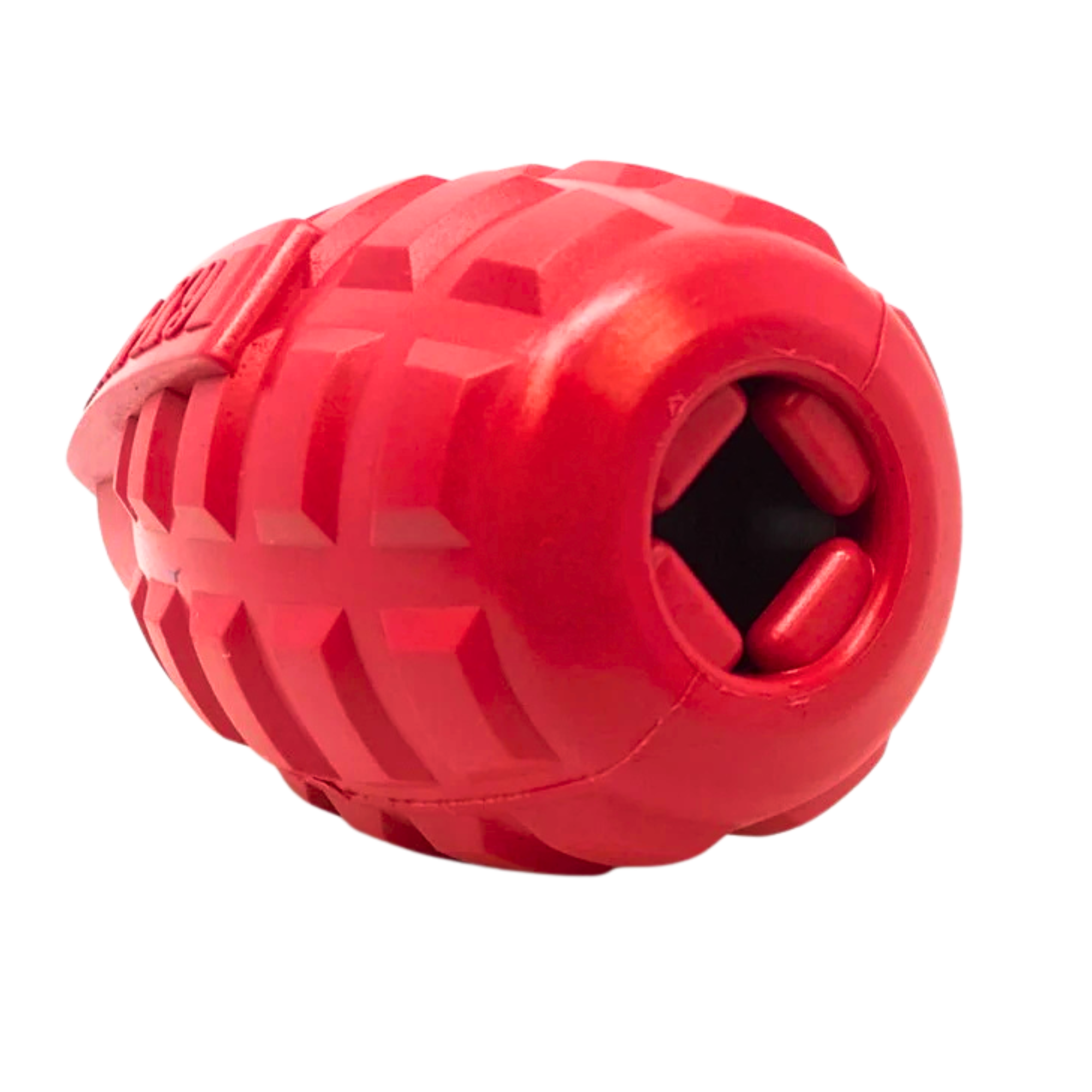 Red rubber dog toy shaped like a grenade with a hollow center for treat placement