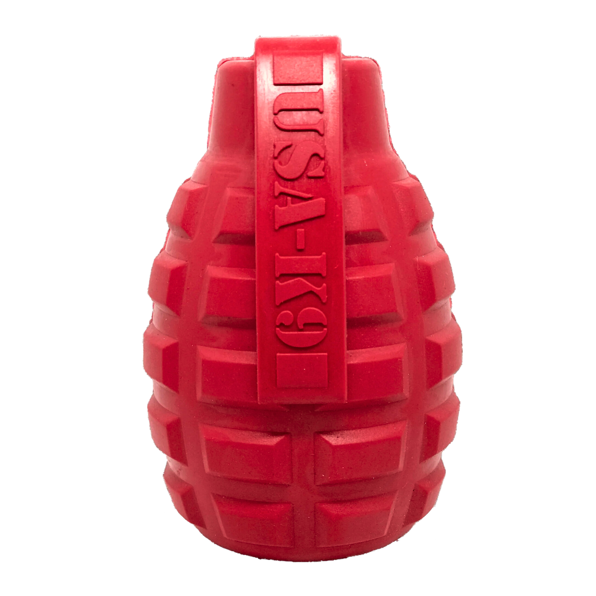 Red rubber dog toy shaped like a grenade with 'USA-K9' embossed on the side