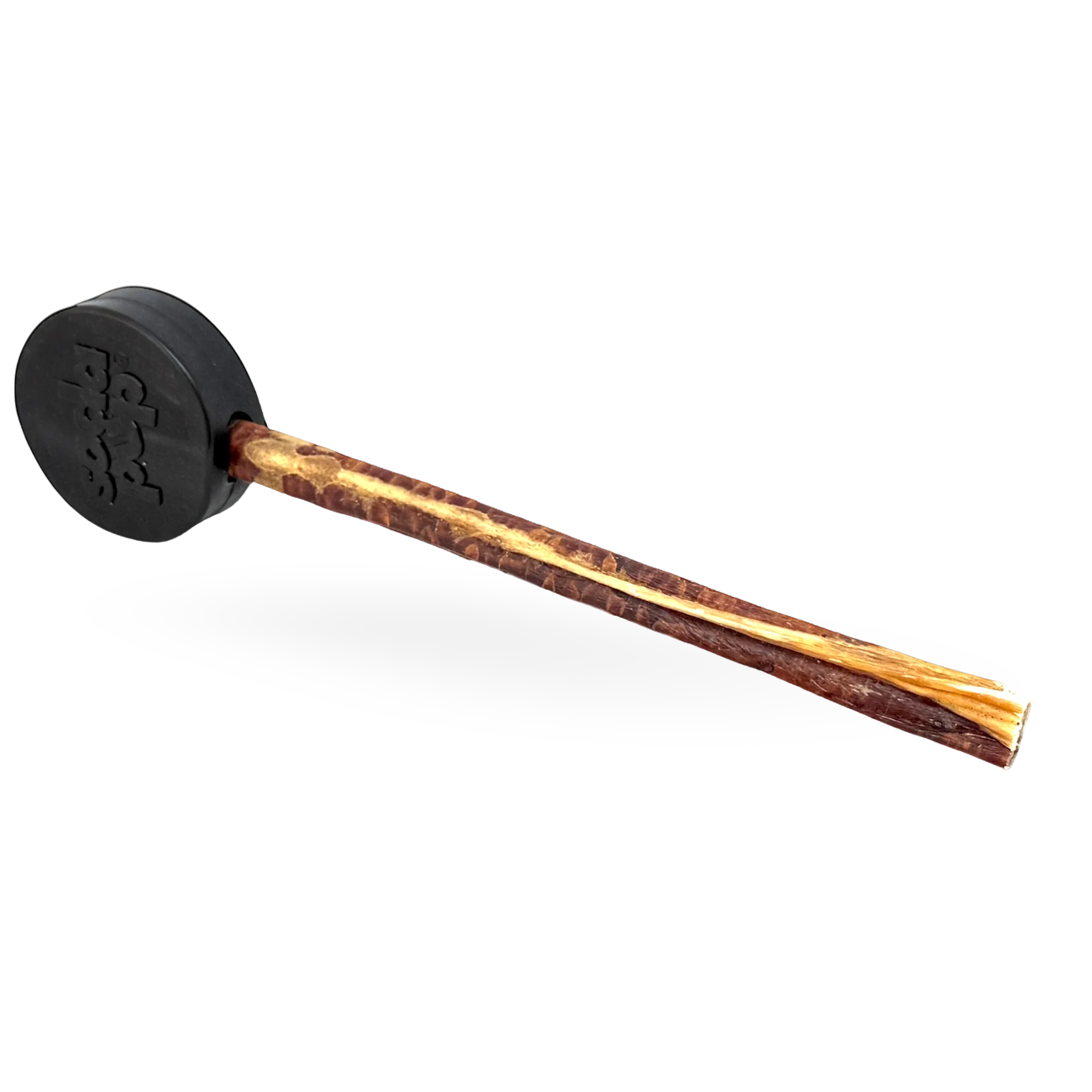 Dog treat holder shaped like a hockey puck with a bully stick inserted through the center
